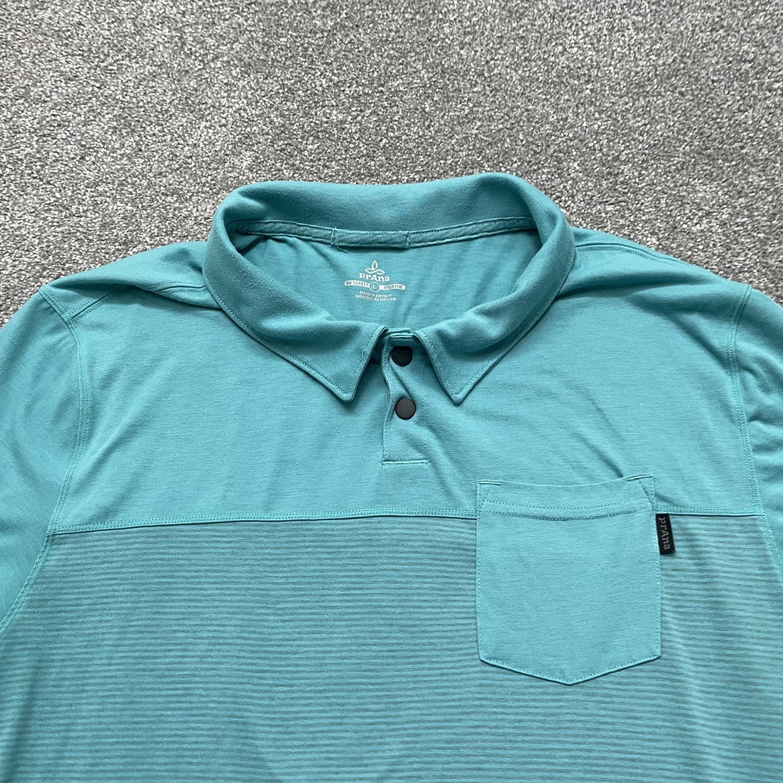 Prana Shirt Mens Large Blue Snap Collar Polo Breathe Cotton Blend Athletic Top - Thumbnail 2