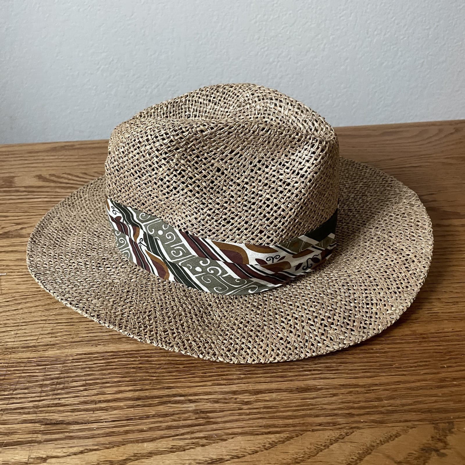 Stetson Hat Fedora Fitted Mens Small Medium Tan Straw Wide Brim Pattern Band - Thumbnail 2