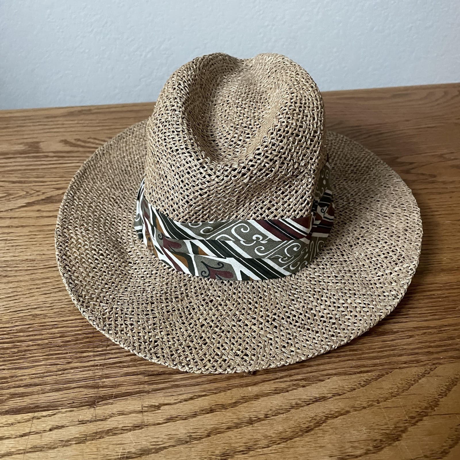 Stetson Hat Fedora Fitted Mens Small Medium Tan Straw Wide Brim Pattern Band