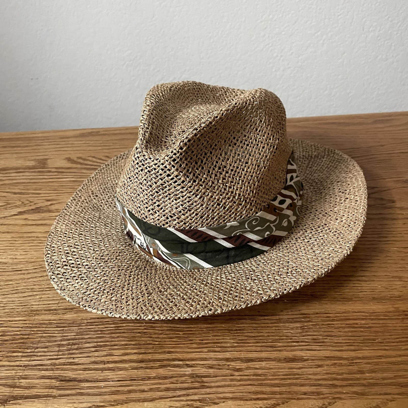 Stetson Hat Fedora Fitted Mens Small Medium Tan Straw Wide Brim Pattern Band - Thumbnail 3