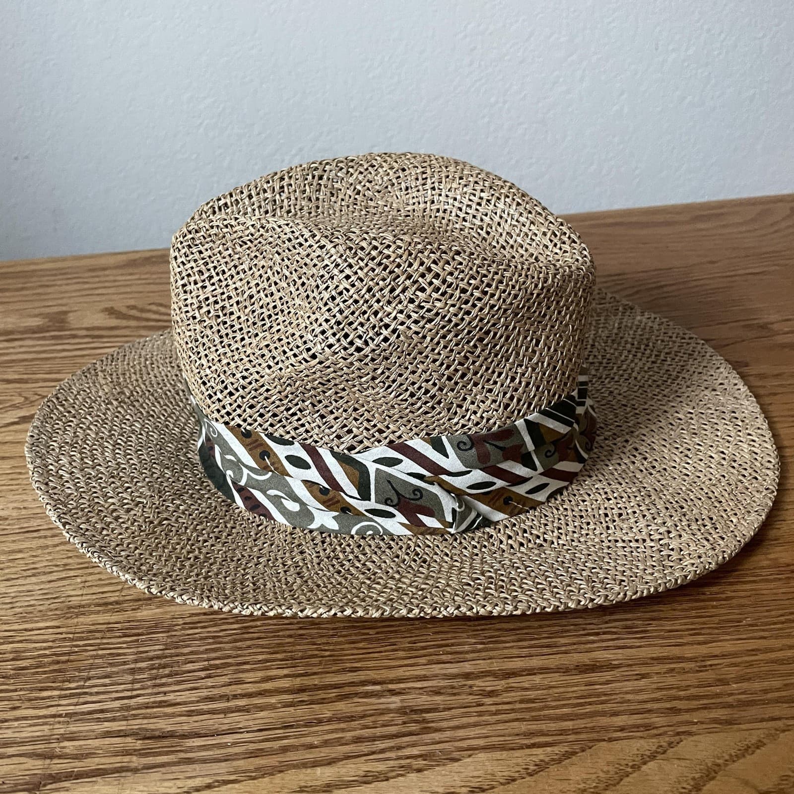 Stetson Hat Fedora Fitted Mens Small Medium Tan Straw Wide Brim Pattern Band - Thumbnail 4