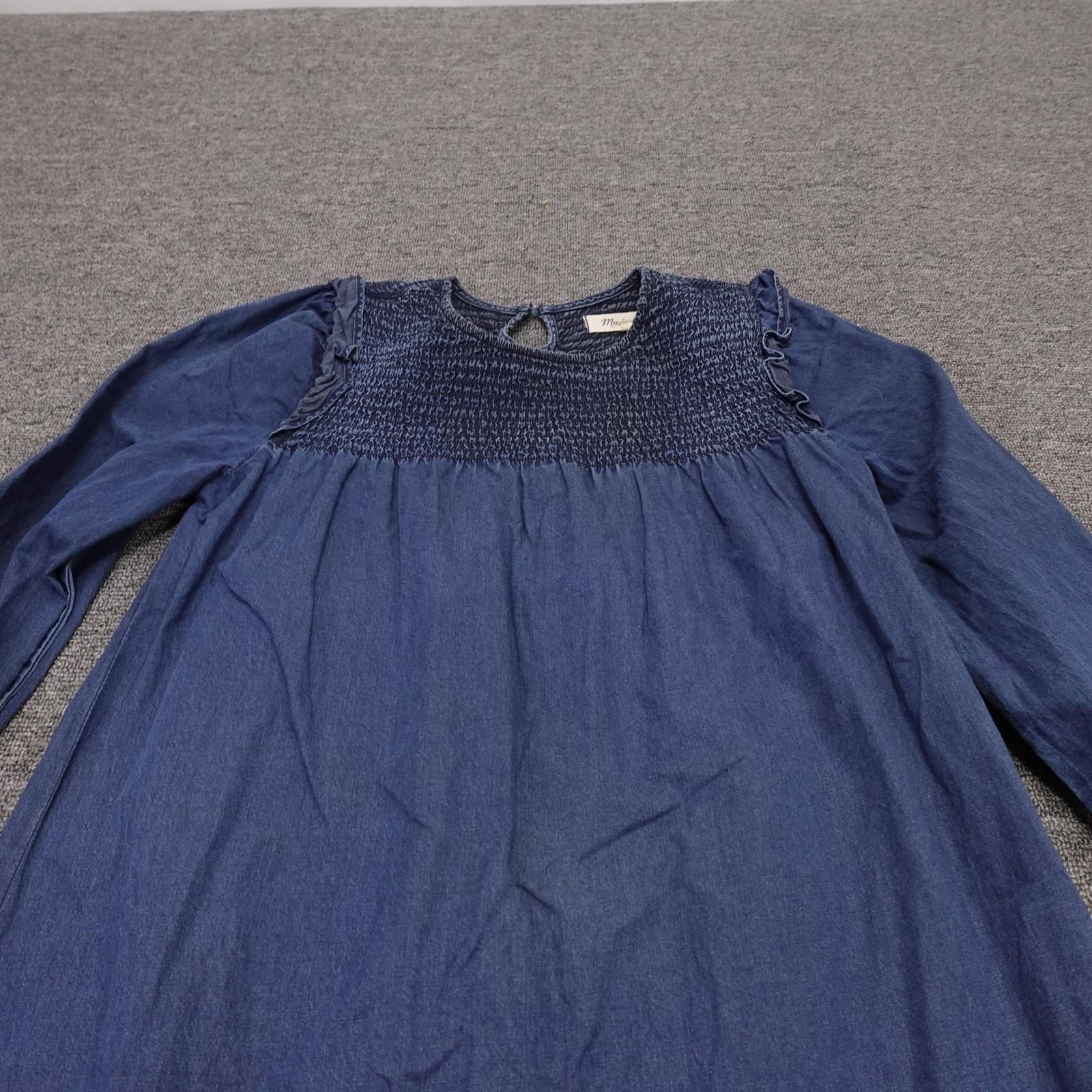 Madewell Dress Womens XXS Blue Chambray Long Sleeve Smocked Shift Knee Length - Thumbnail 2