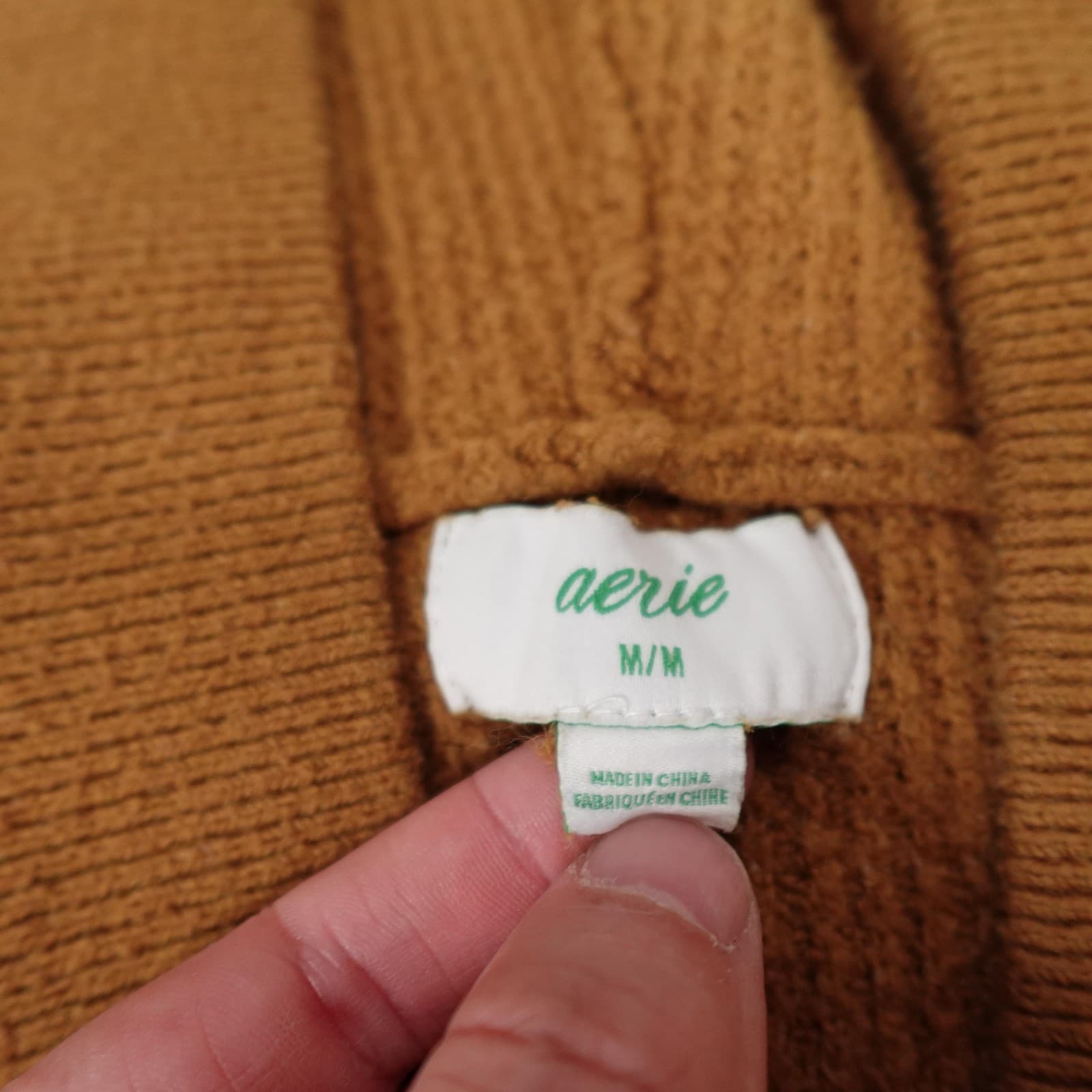 Aerie Sweater Womens Medium Brown Waffle Knit Hooded V Neck Pullover Relaxed Fit - Thumbnail 2