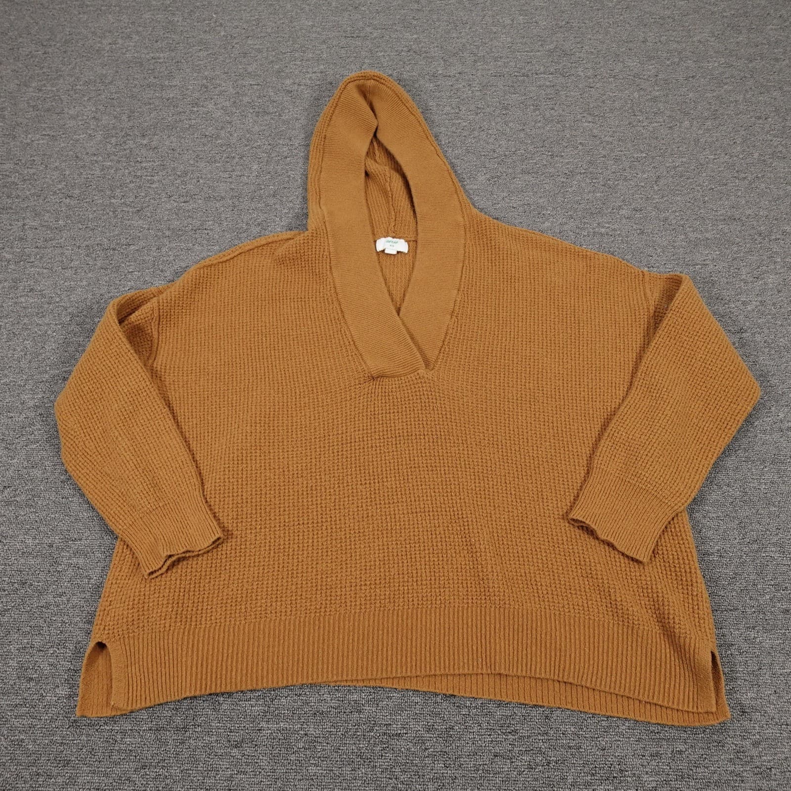 Aerie Sweater Womens Medium Brown Waffle Knit Hooded V Neck Pullover Relaxed Fit