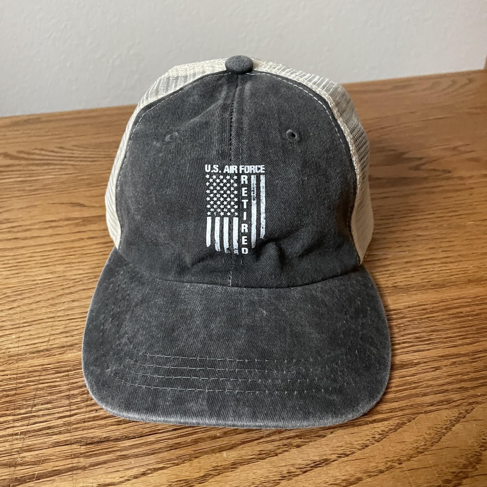 US Air Force Retired Hat Cap Strap Back Gray White Trucker Mesh Washed Mens Flag