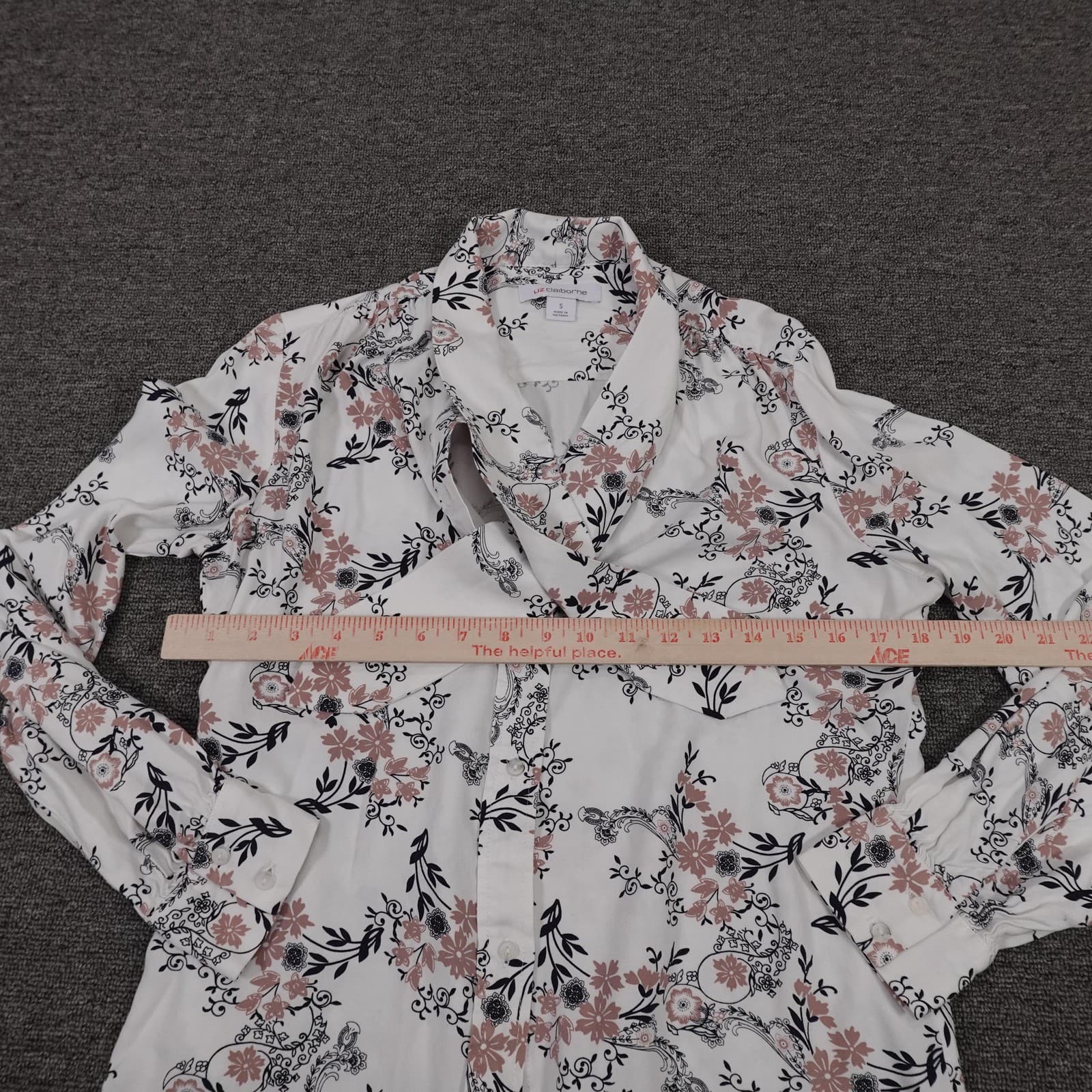 Liz Claiborne Blouse Womens Small White Floral Button Front Long Sleeve Rayon - Thumbnail 3