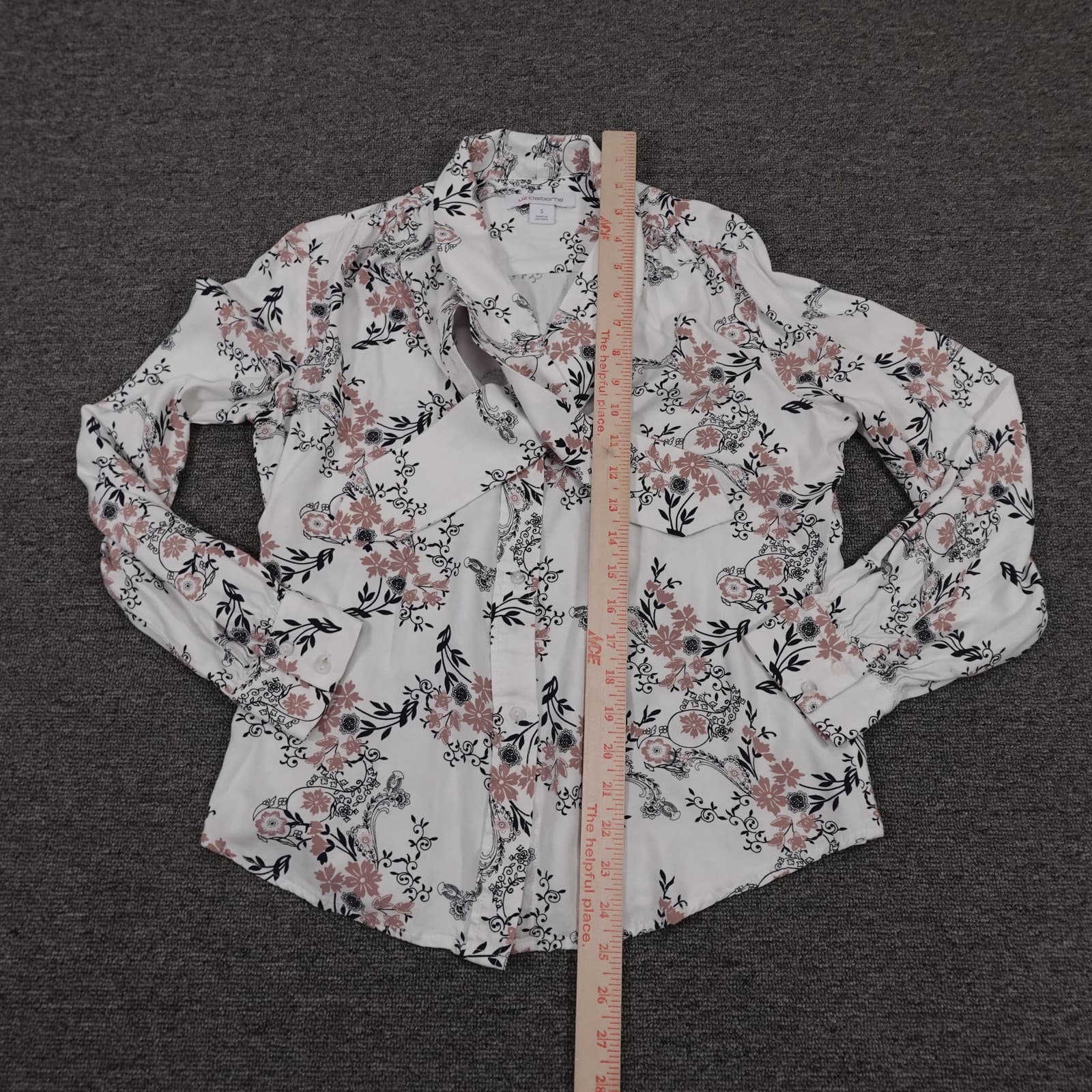 Liz Claiborne Blouse Womens Small White Floral Button Front Long Sleeve Rayon - Thumbnail 4