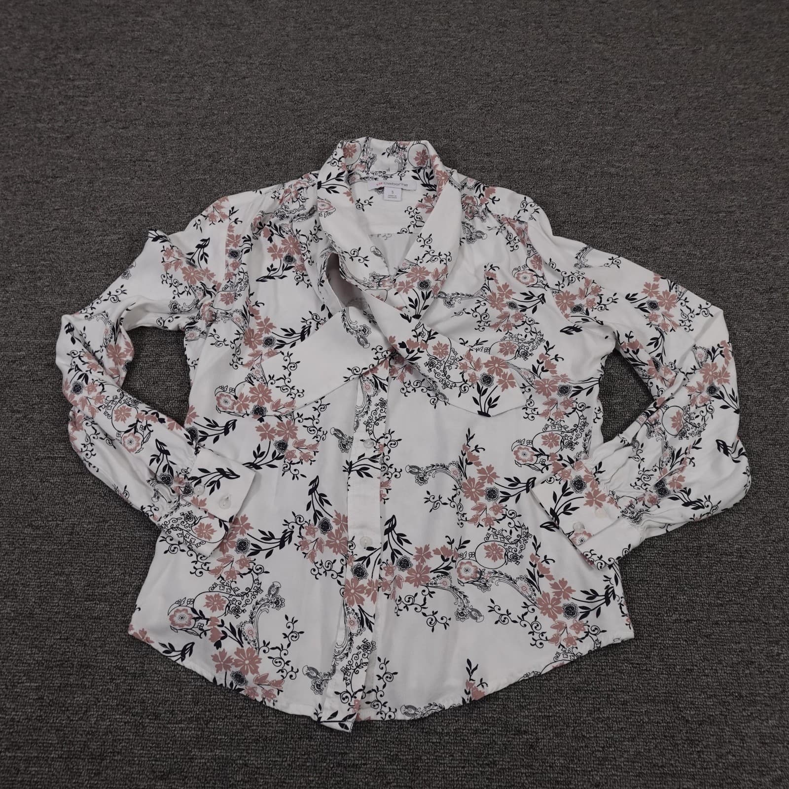 Liz Claiborne Blouse Womens Small White Floral Button Front Long Sleeve Rayon