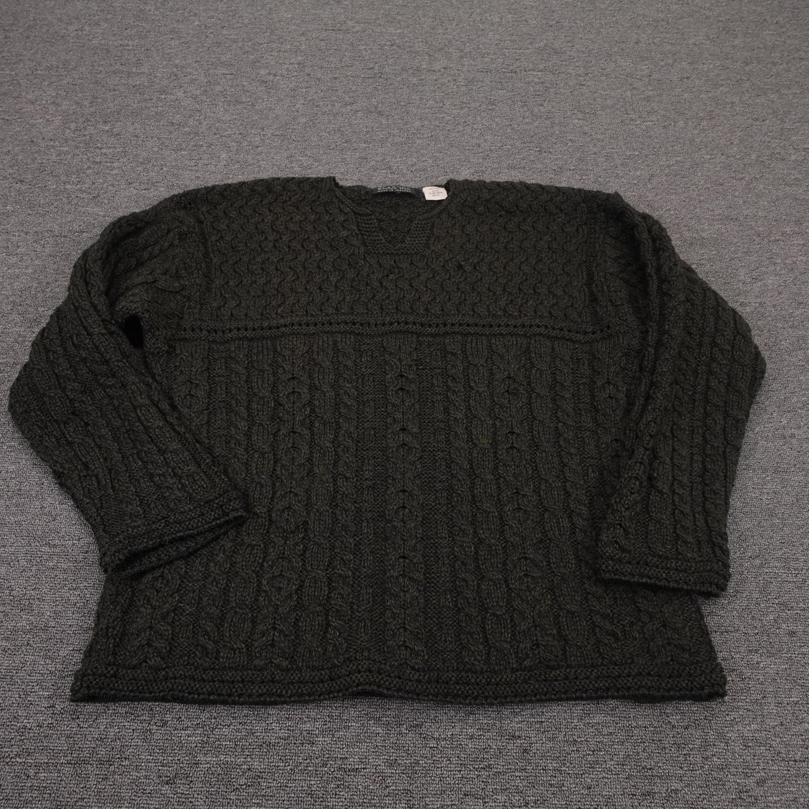 Blarney Woollen Mills Sweater Mens Large Green V Neck Cable Merino Wool Ireland