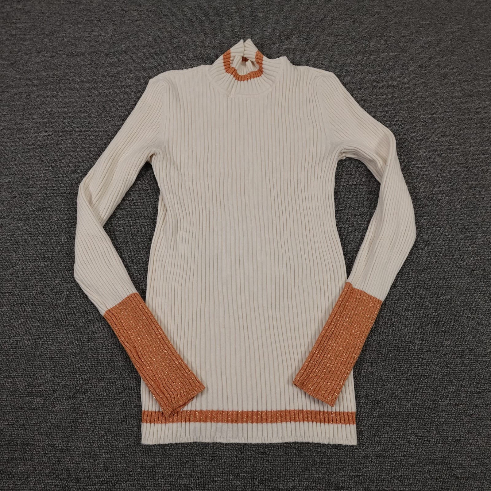 Nine West Sweater Womens Medium White Striped Mock Neck Glitter Pullover Knit