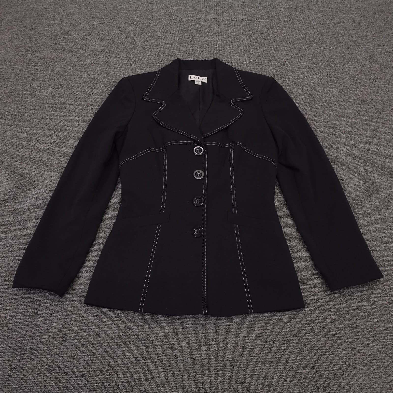 Vintage Bebe Blazer Womens 0 Black Contrast Stitch Fitted Lined Made USA 90s Y2K