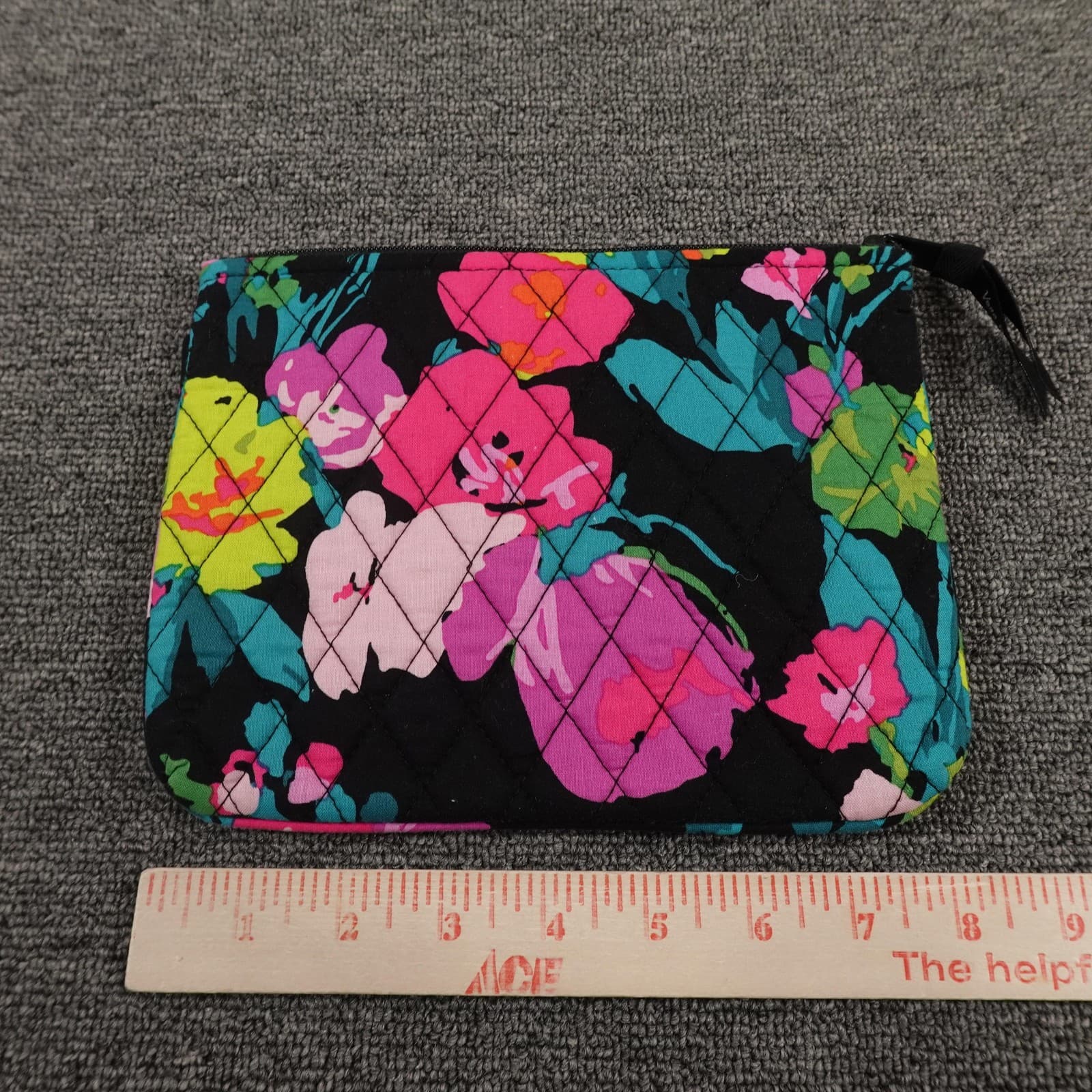 Vera Bradley Quilted Floral Zip Pouch Black Pink Cosmetic Bag Makeup Travel Case - Thumbnail 5