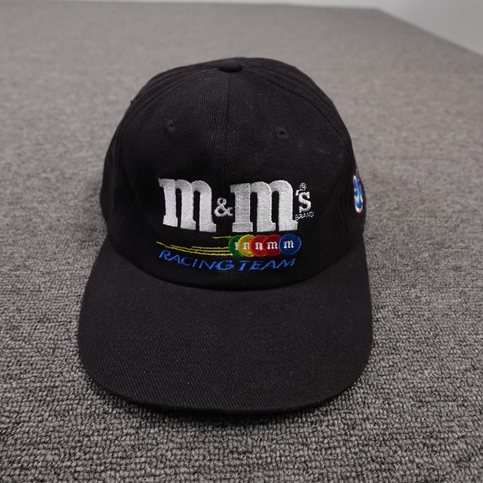 Vintage M&M's Racing Hat Cap Strap Back One Size Black NASCAR Ernie Irvan 36
