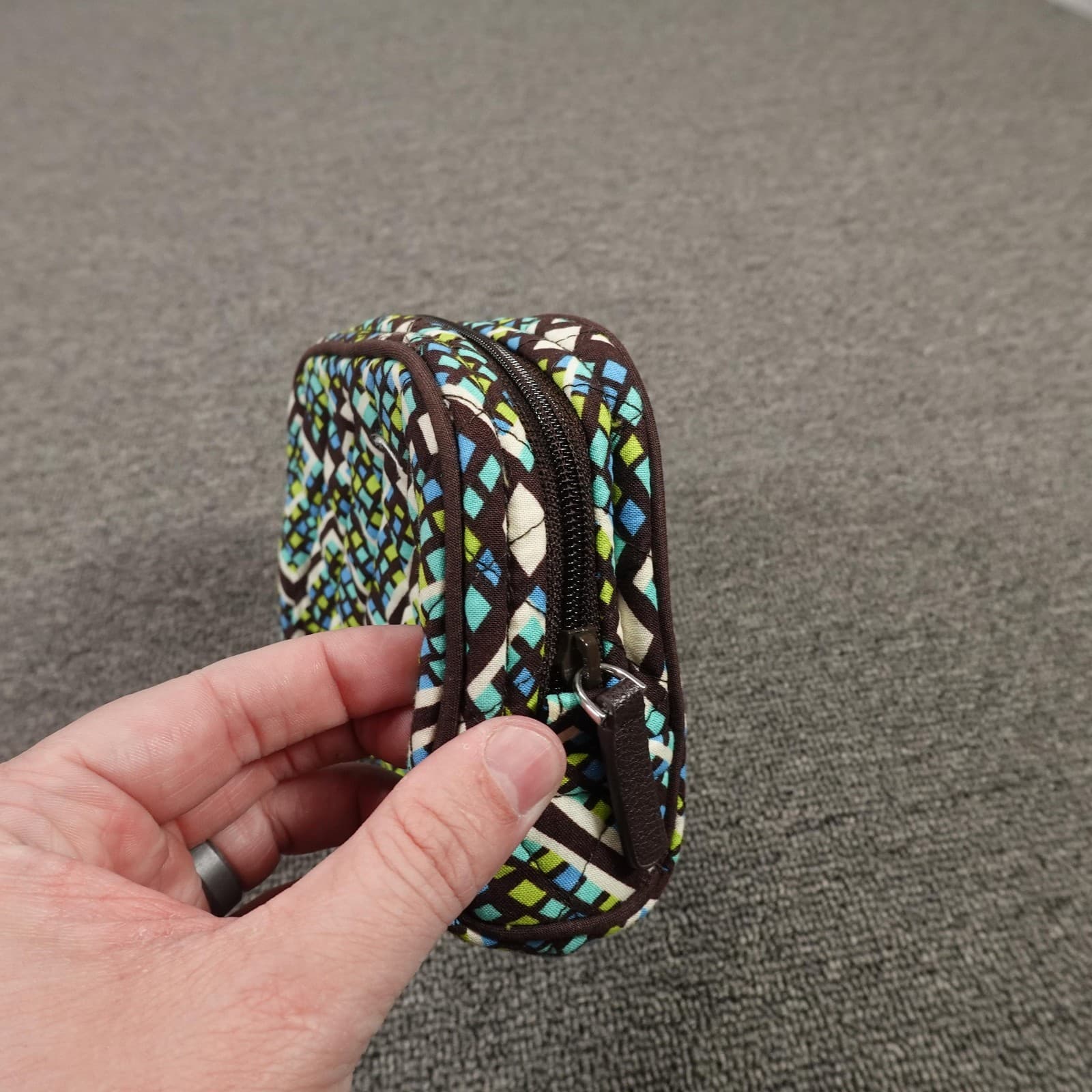 Vera Bradley Cosmetic Bag Blue Green Brown Quilted Makeup Pouch Travel Zip Case - Thumbnail 3