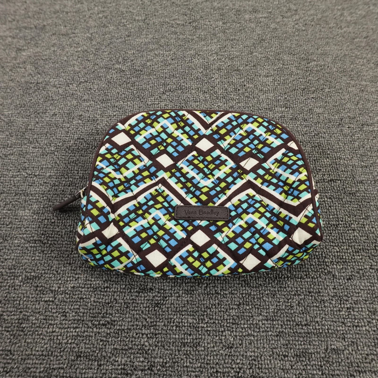 Vera Bradley Cosmetic Bag Blue Green Brown Quilted Makeup Pouch Travel Zip Case