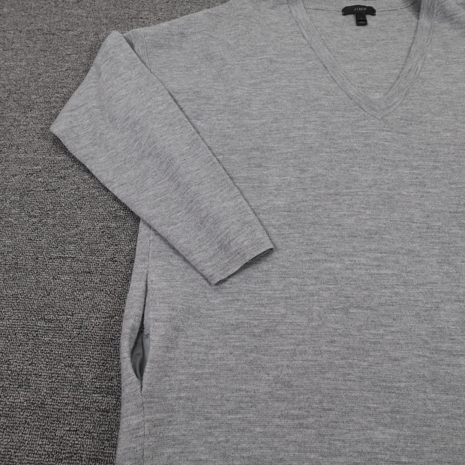 J Crew Sweater Tunic Womens Medium Gray 100% Merino Wool V Neck Pockets - Thumbnail 3