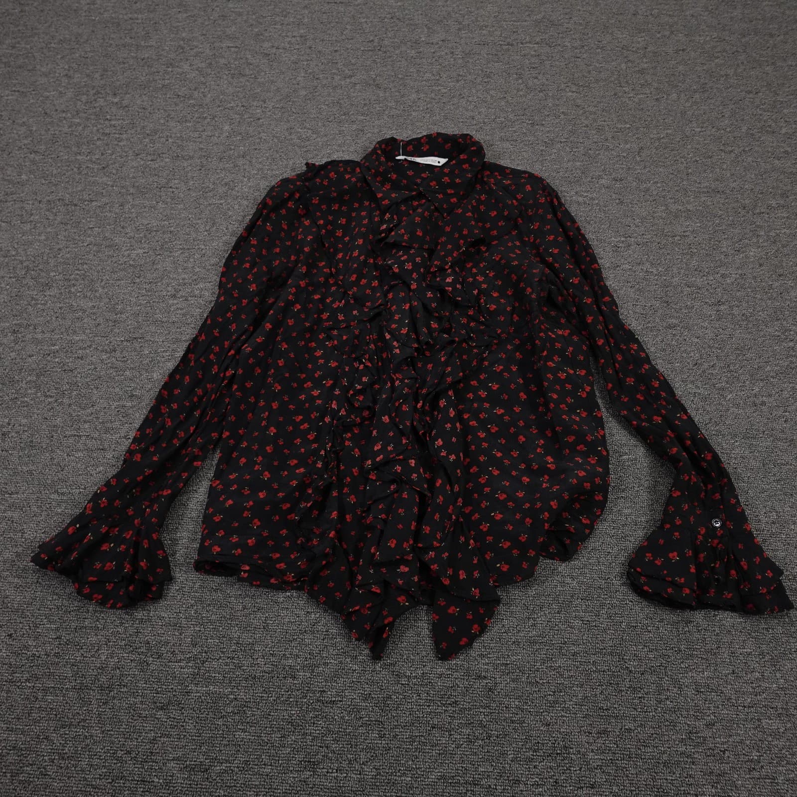 Zara Blouse Womens Medium Black Floral Ruffle Button Front Chiffon Long Sleeve