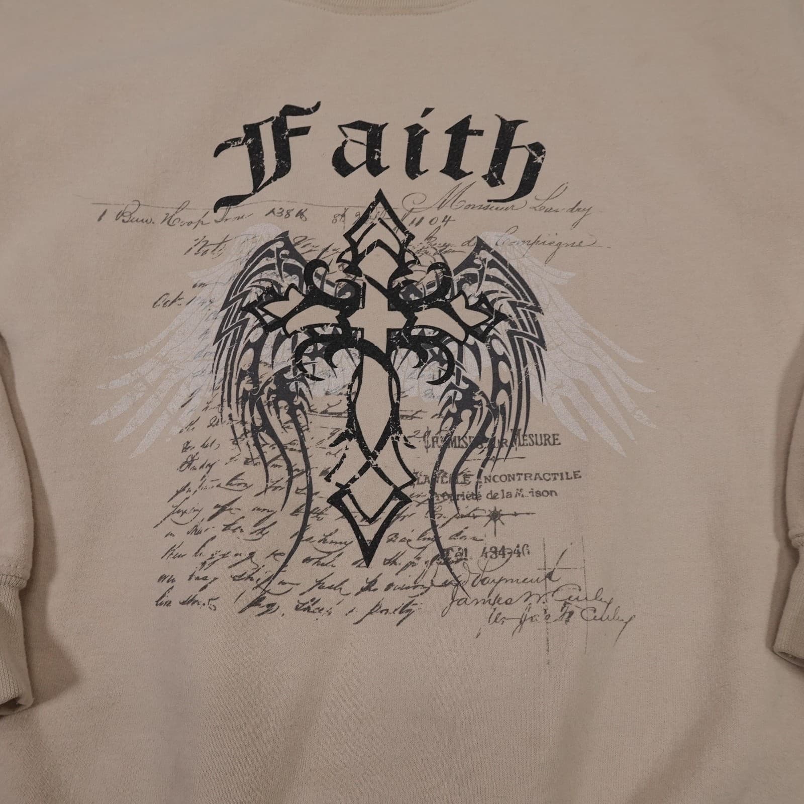 Gildan Sweatshirt Mens Small Beige Faith Cross Wings Graphic Fleece Pullover - Thumbnail 2
