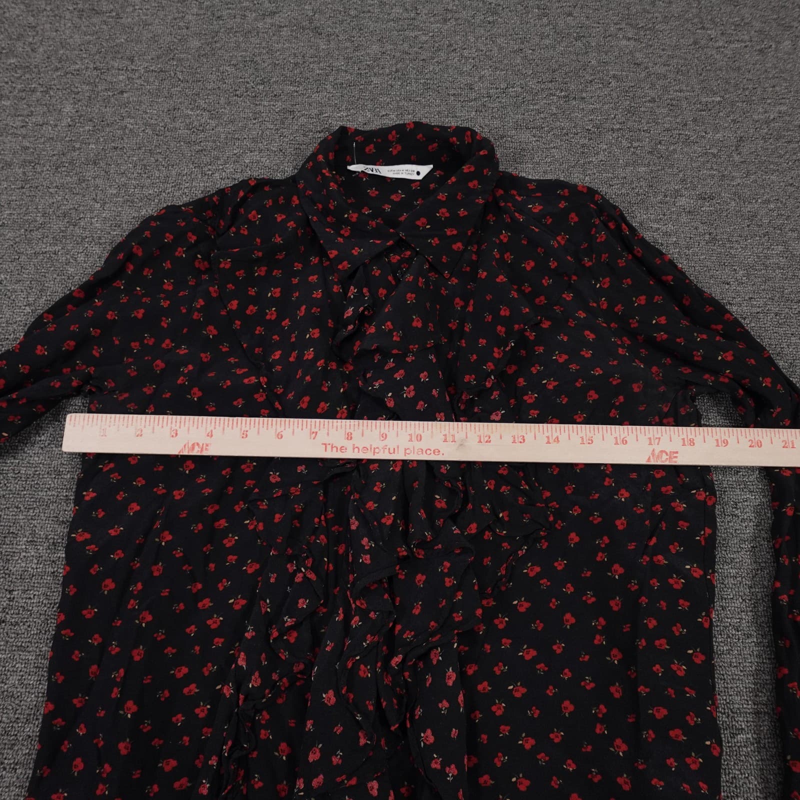 Zara Blouse Womens Medium Black Floral Ruffle Button Front Chiffon Long Sleeve - Thumbnail 3
