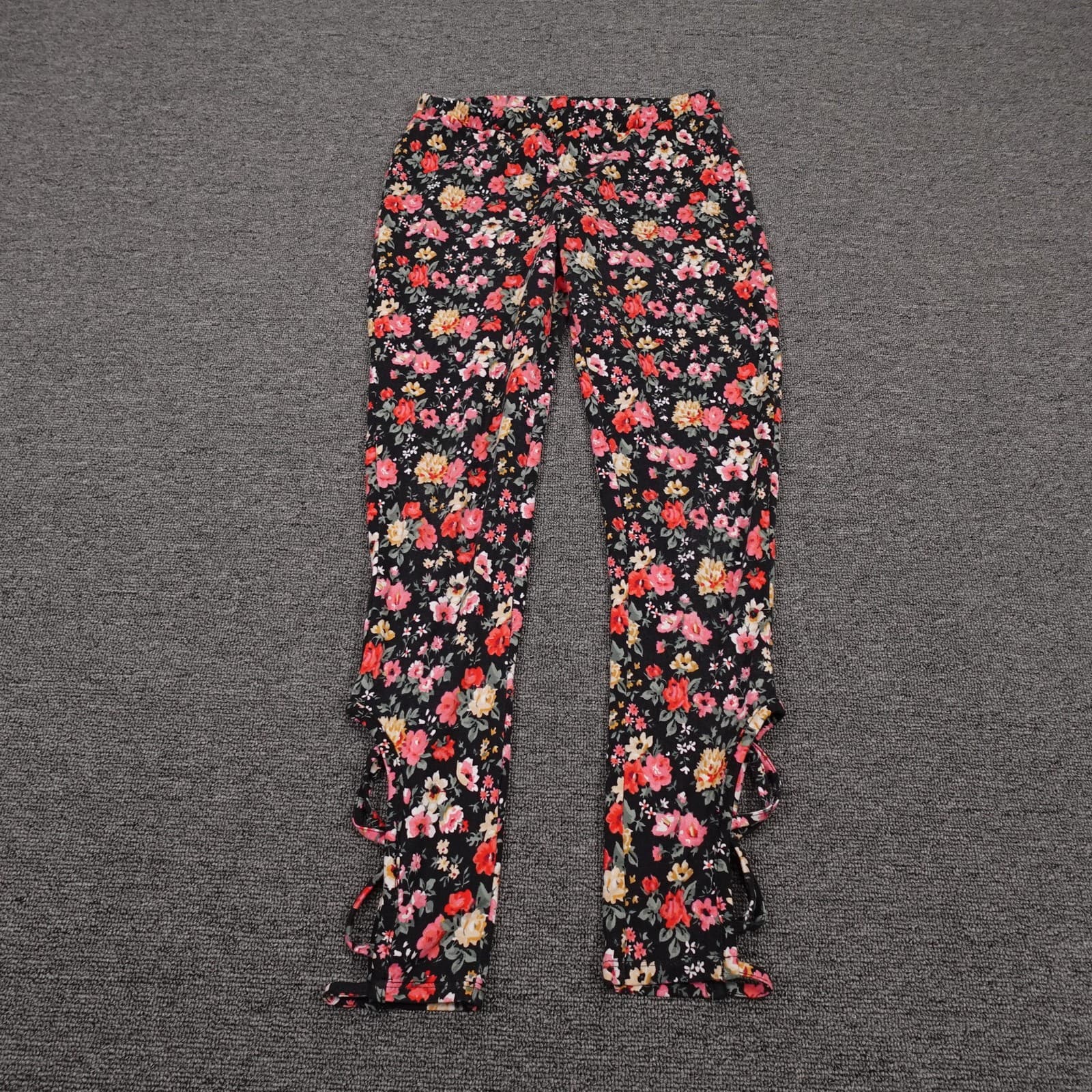 Poof Leggings Womens Small Black Floral Ruffle Ankle Stretch Casual Jersey