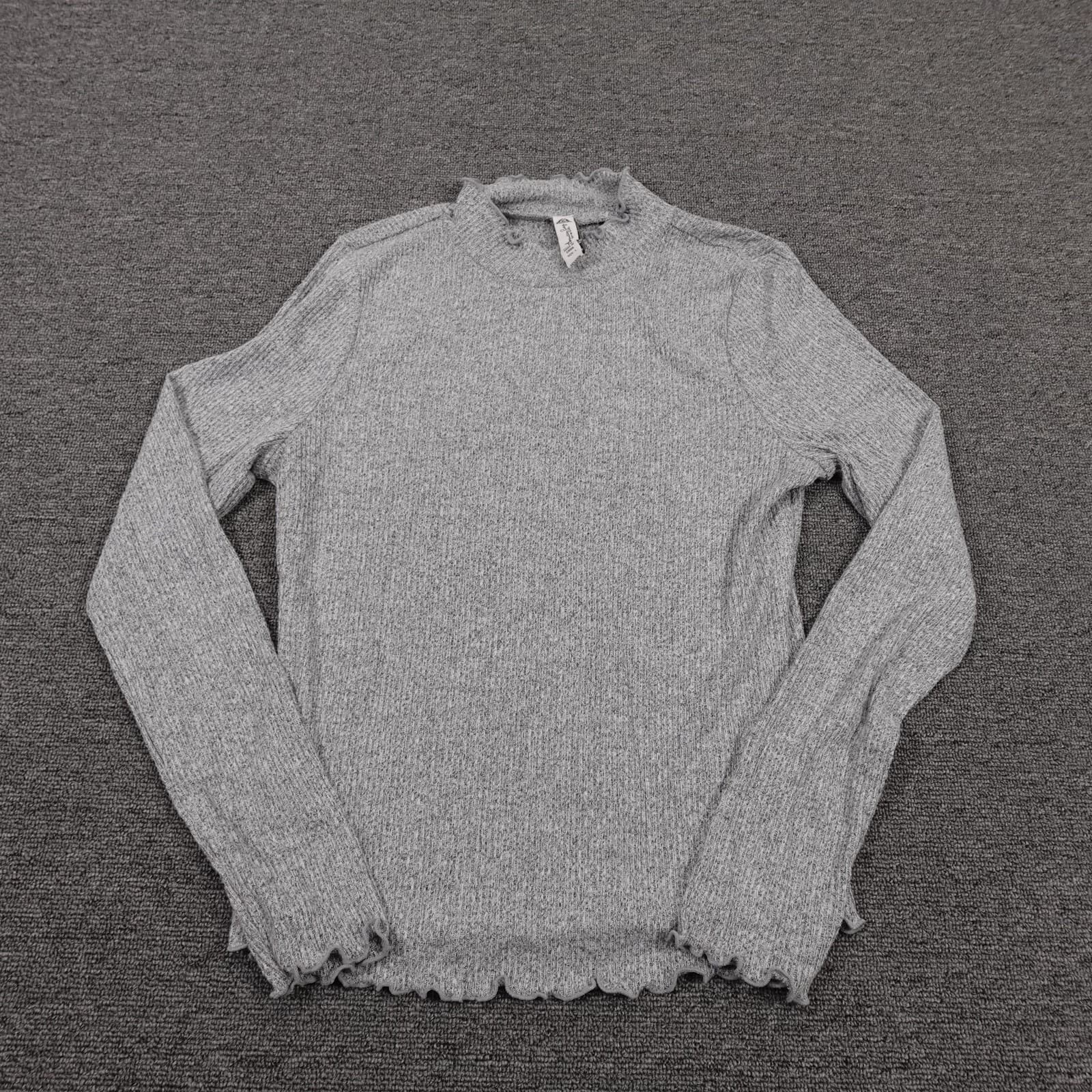 American Rag Cie Sweater Juniors Large Gray Mock Neck Ruffle Hem Stretch Knit