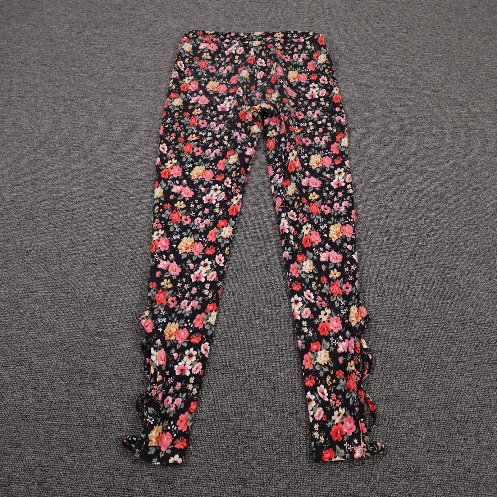Poof Leggings Womens Small Black Floral Ruffle Ankle Stretch Casual Jersey - Thumbnail 3