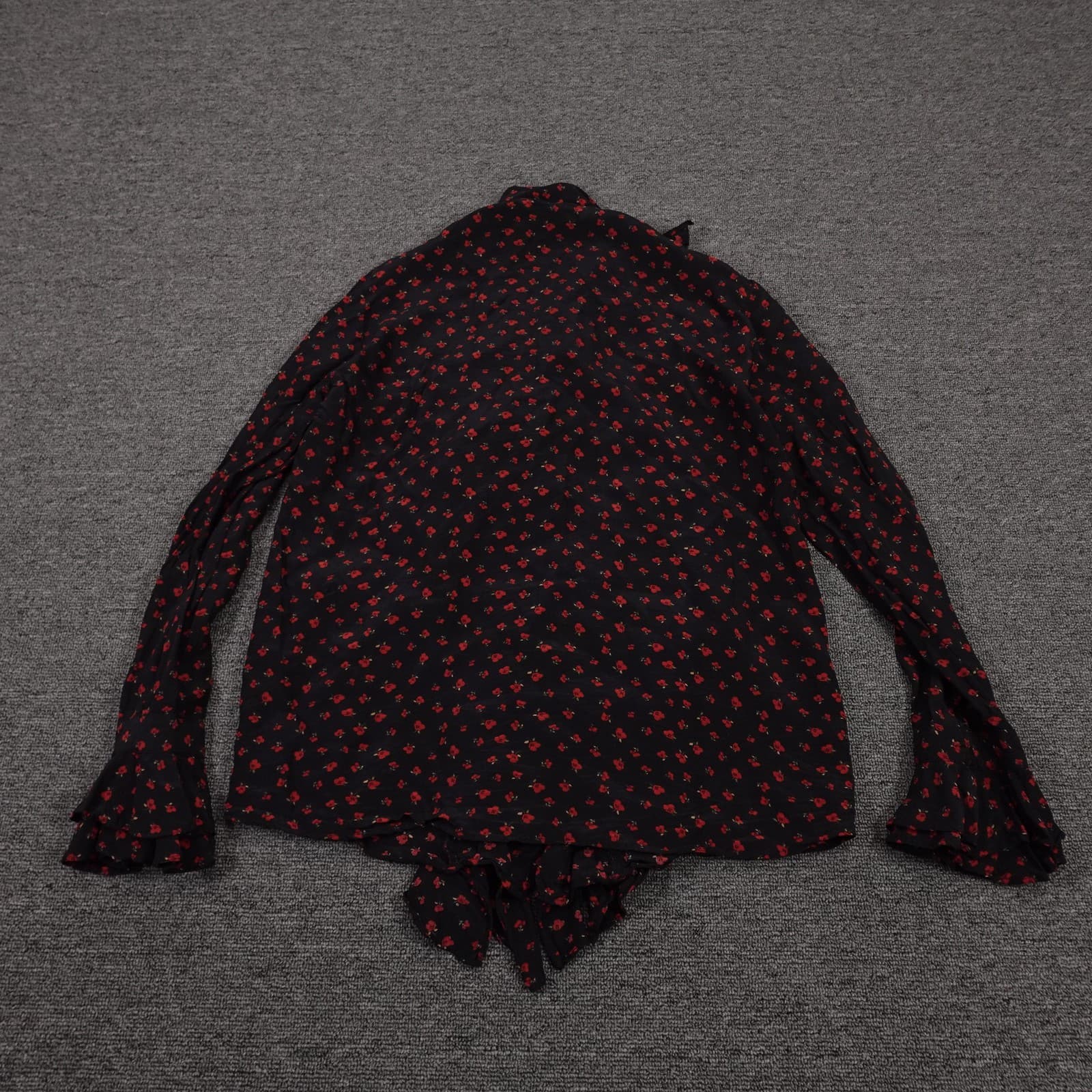 Zara Blouse Womens Medium Black Floral Ruffle Button Front Chiffon Long Sleeve - Thumbnail 5