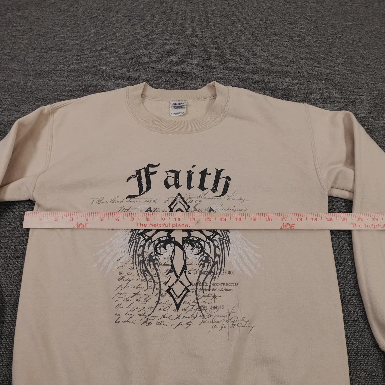 Gildan Sweatshirt Mens Small Beige Faith Cross Wings Graphic Fleece Pullover - Thumbnail 5