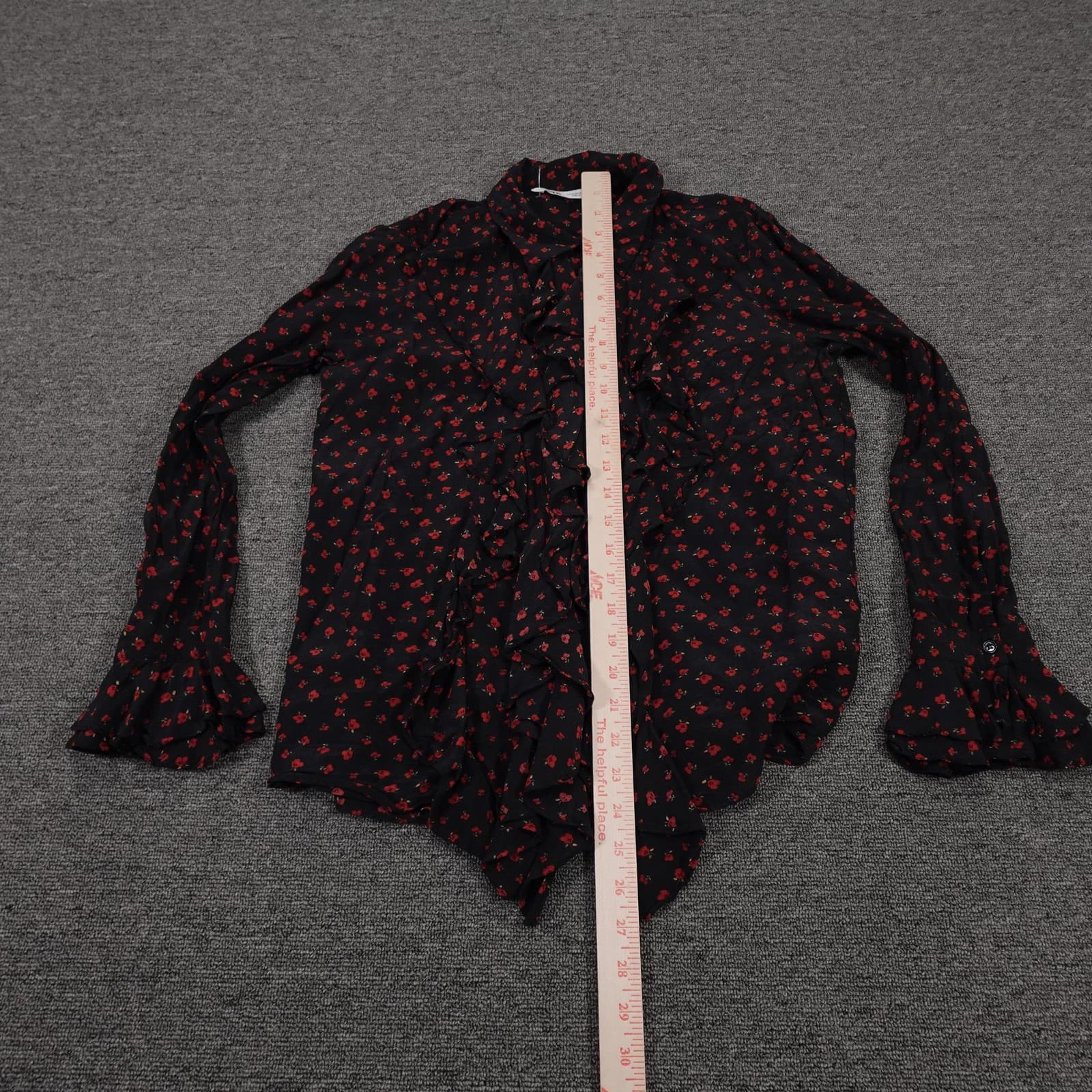 Zara Blouse Womens Medium Black Floral Ruffle Button Front Chiffon Long Sleeve - Thumbnail 4