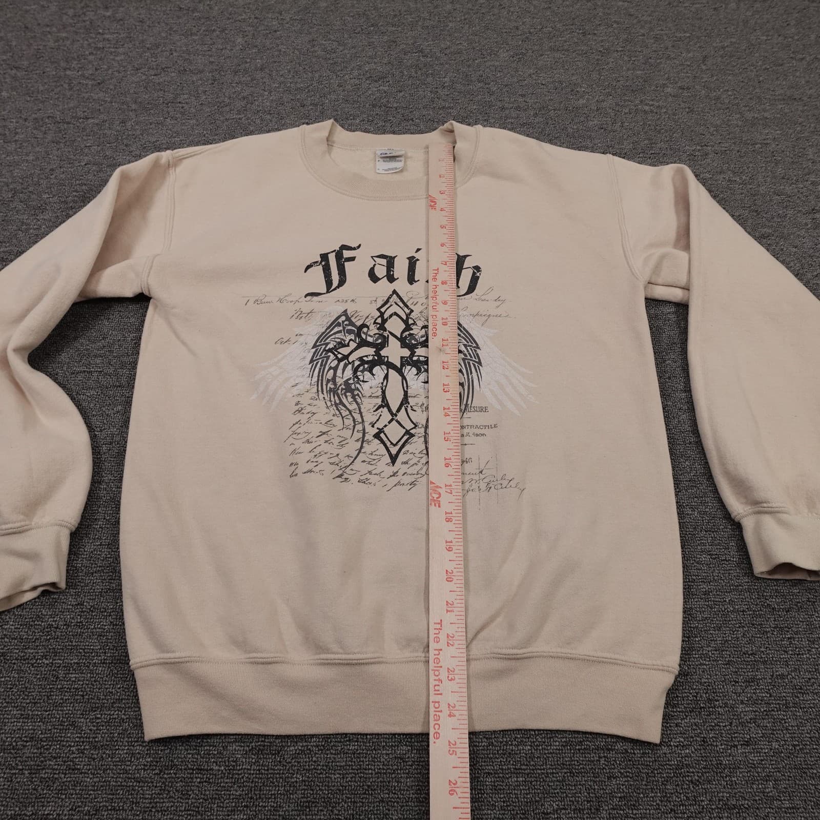 Gildan Sweatshirt Mens Small Beige Faith Cross Wings Graphic Fleece Pullover - Thumbnail 6