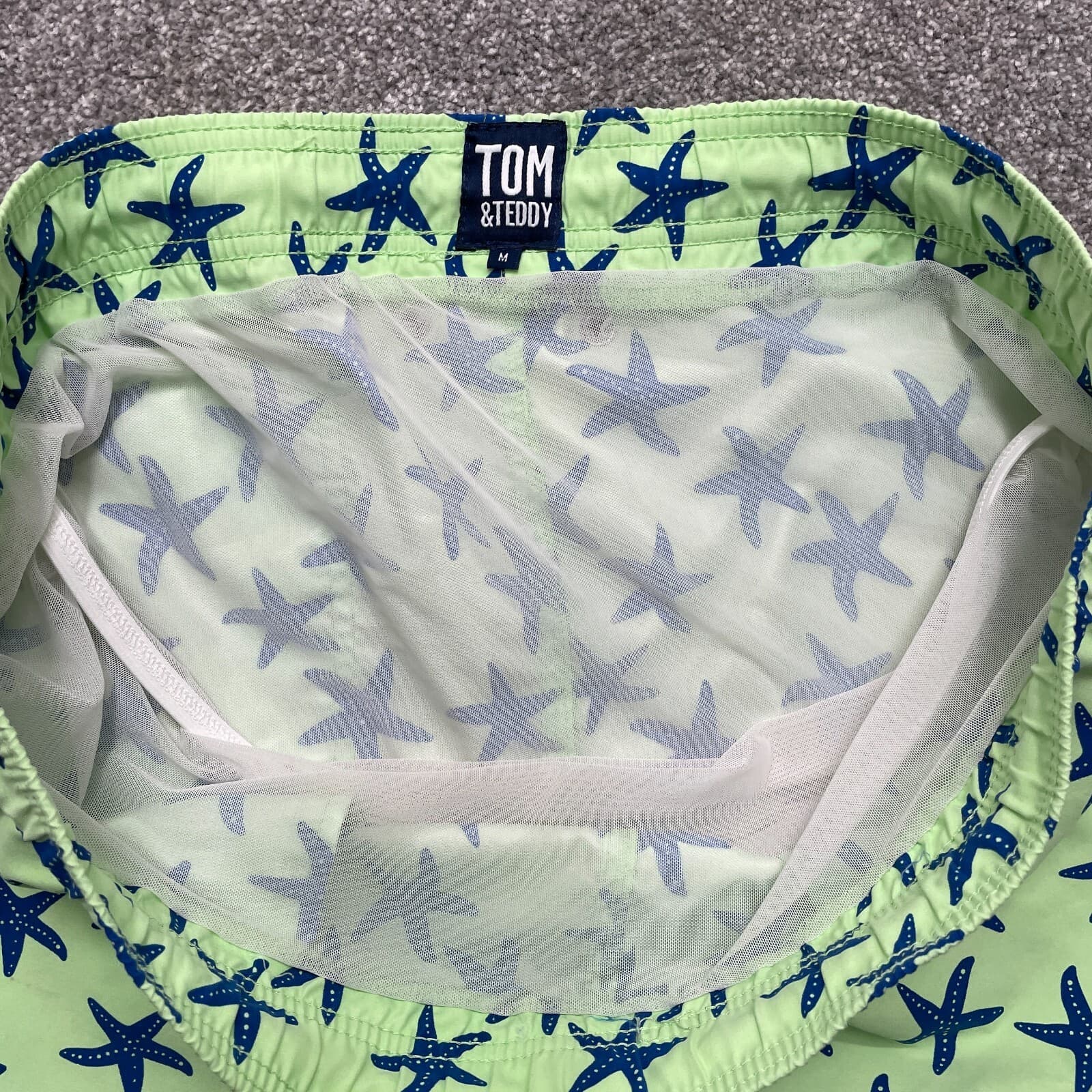 Tom & Teddy Shorts Adult Mens Medium Green Blue All Over Star Print Swim Trunks - Thumbnail 3