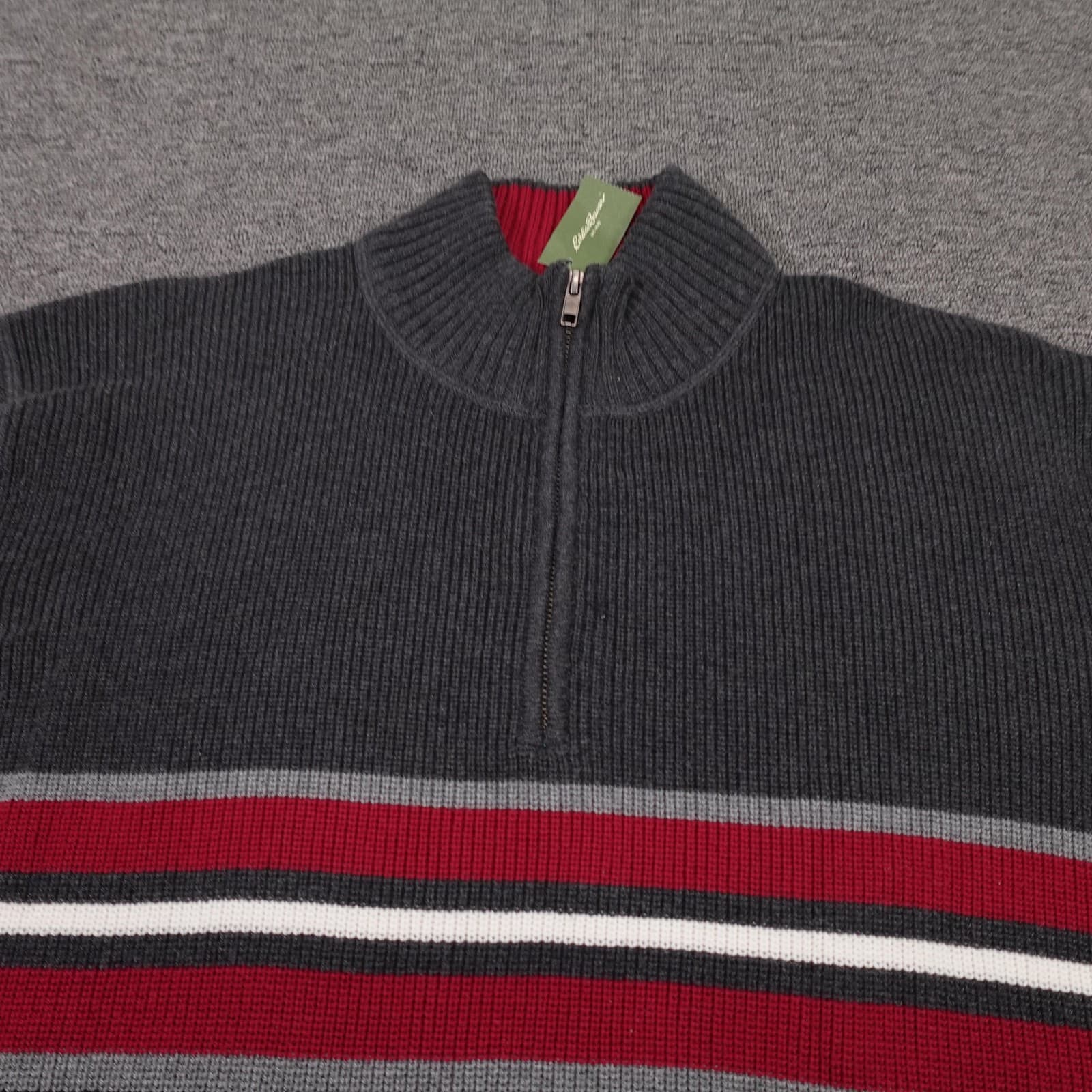 Eddie Bauer Sweater Mens XL Gray Striped 1/4 Zip Mock Neck Pullover Cotton Knit - Thumbnail 2