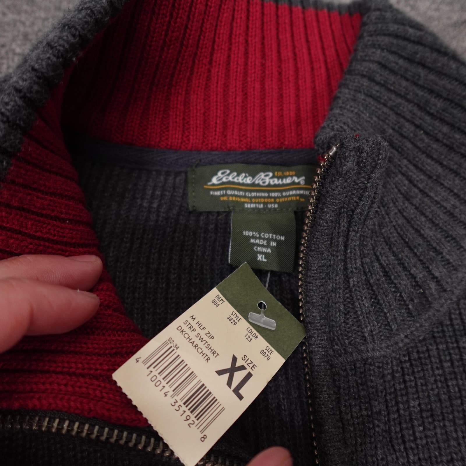 Eddie Bauer Sweater Mens XL Gray Striped 1/4 Zip Mock Neck Pullover Cotton Knit - Thumbnail 3