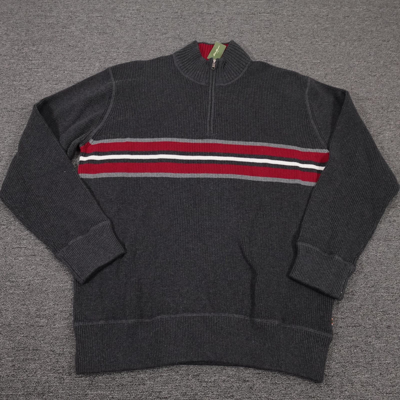 Eddie Bauer Sweater Mens XL Gray Striped 1/4 Zip Mock Neck Pullover Cotton Knit