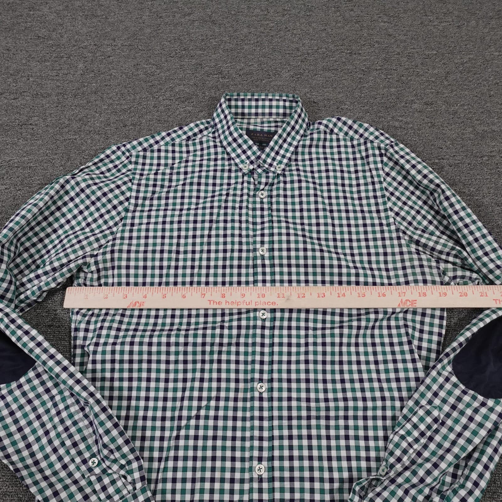 Zara Man Shirt Mens Medium Multicolor Check Long Sleeve Elbow Patch Slim Fit - Thumbnail 6