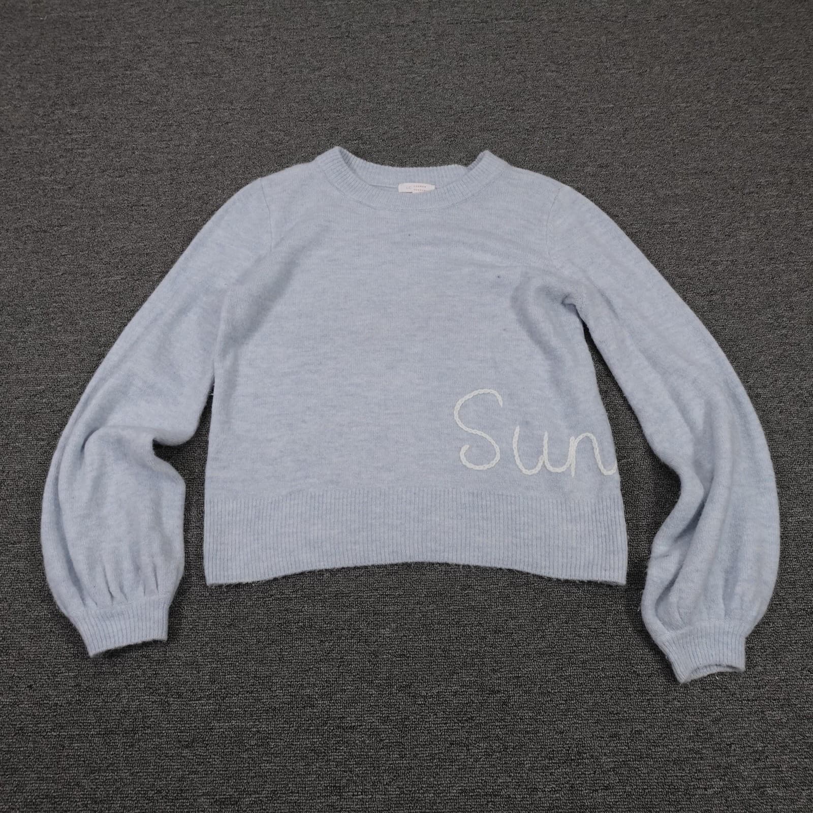 LC Lauren Conrad Sweater Womens Small Blue Sunday Graphic Crewneck Knit