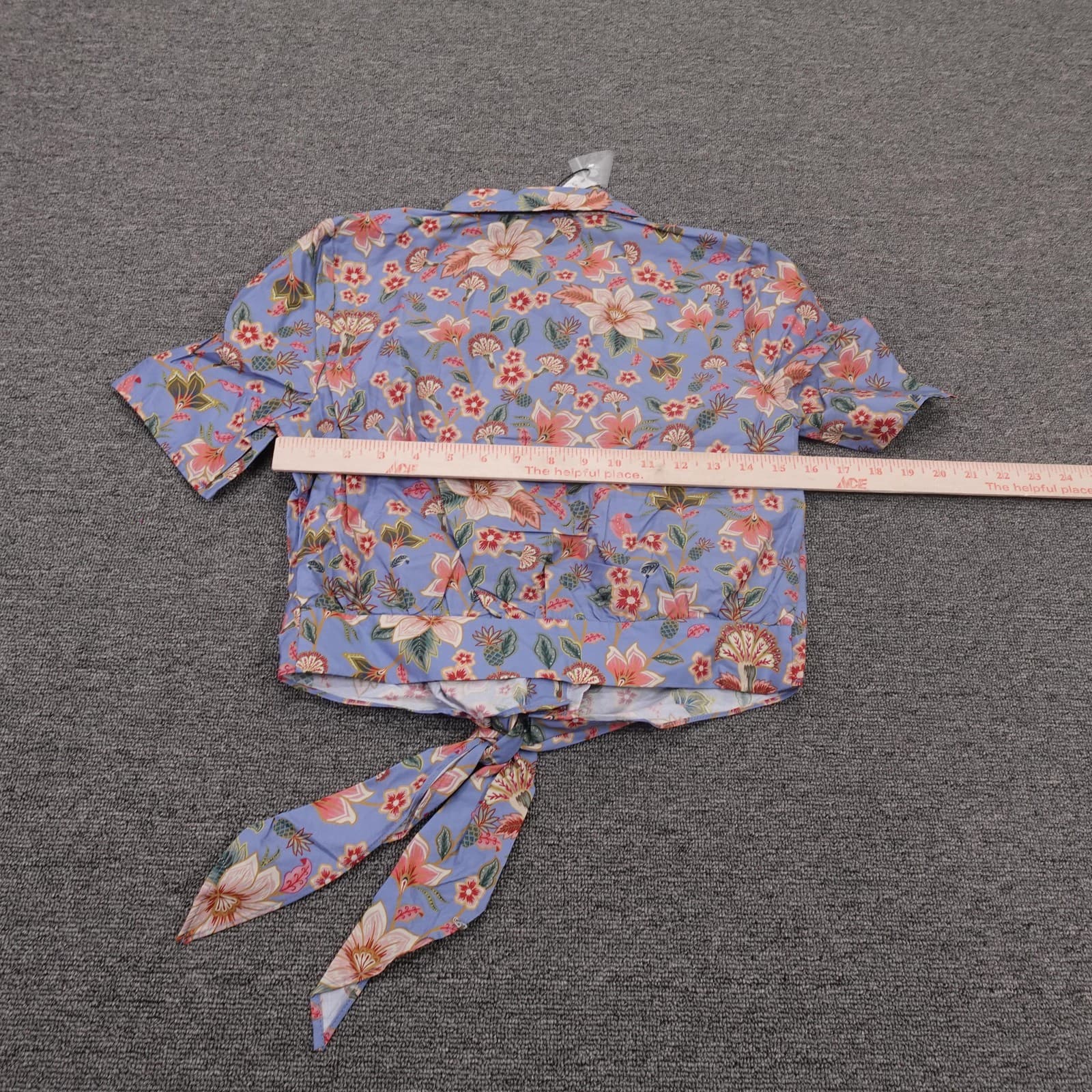 Tahari Shirt Womens XS Blue Floral Button Up Tie Front Cropped Top Short Sleeve - Thumbnail 5