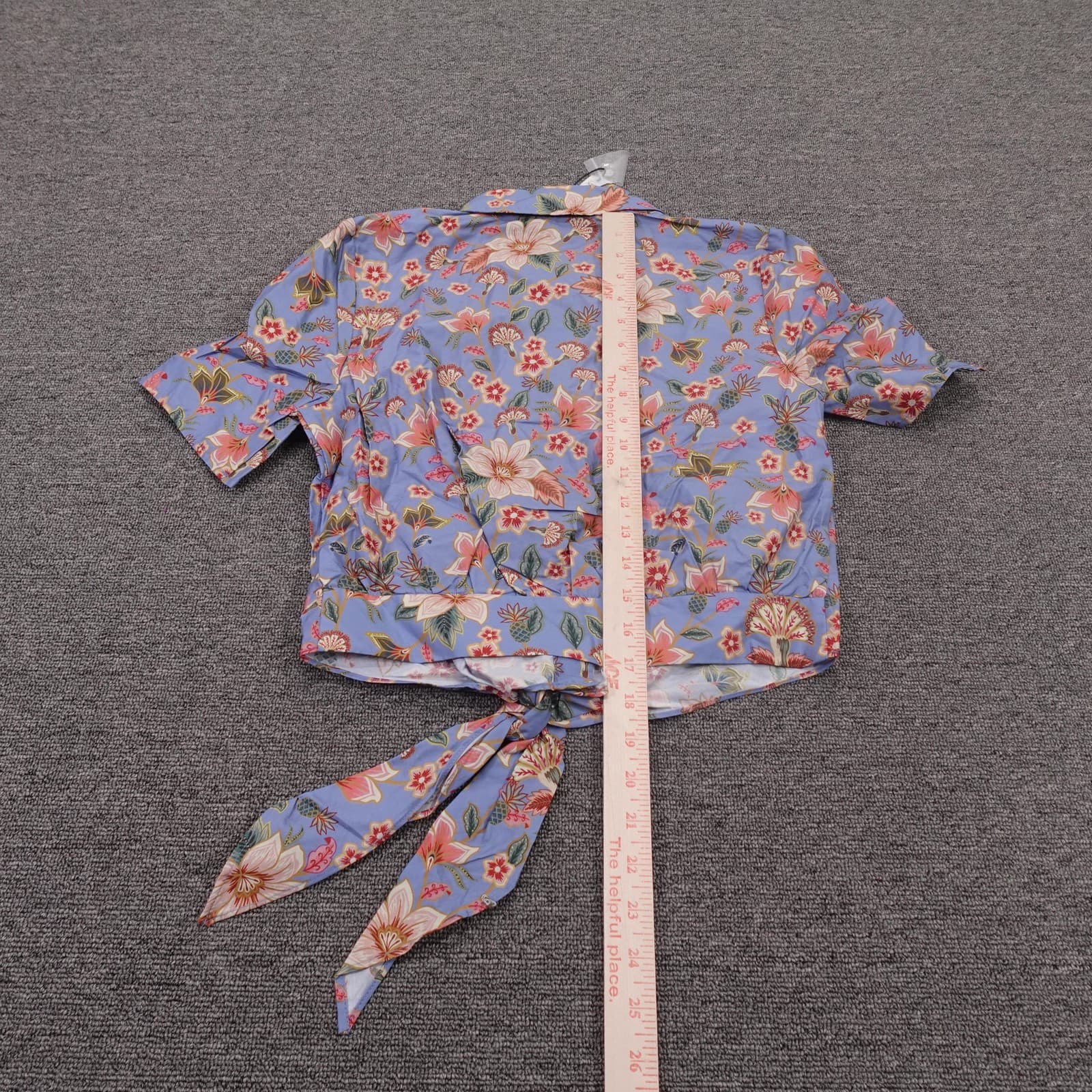 Tahari Shirt Womens XS Blue Floral Button Up Tie Front Cropped Top Short Sleeve - Thumbnail 6