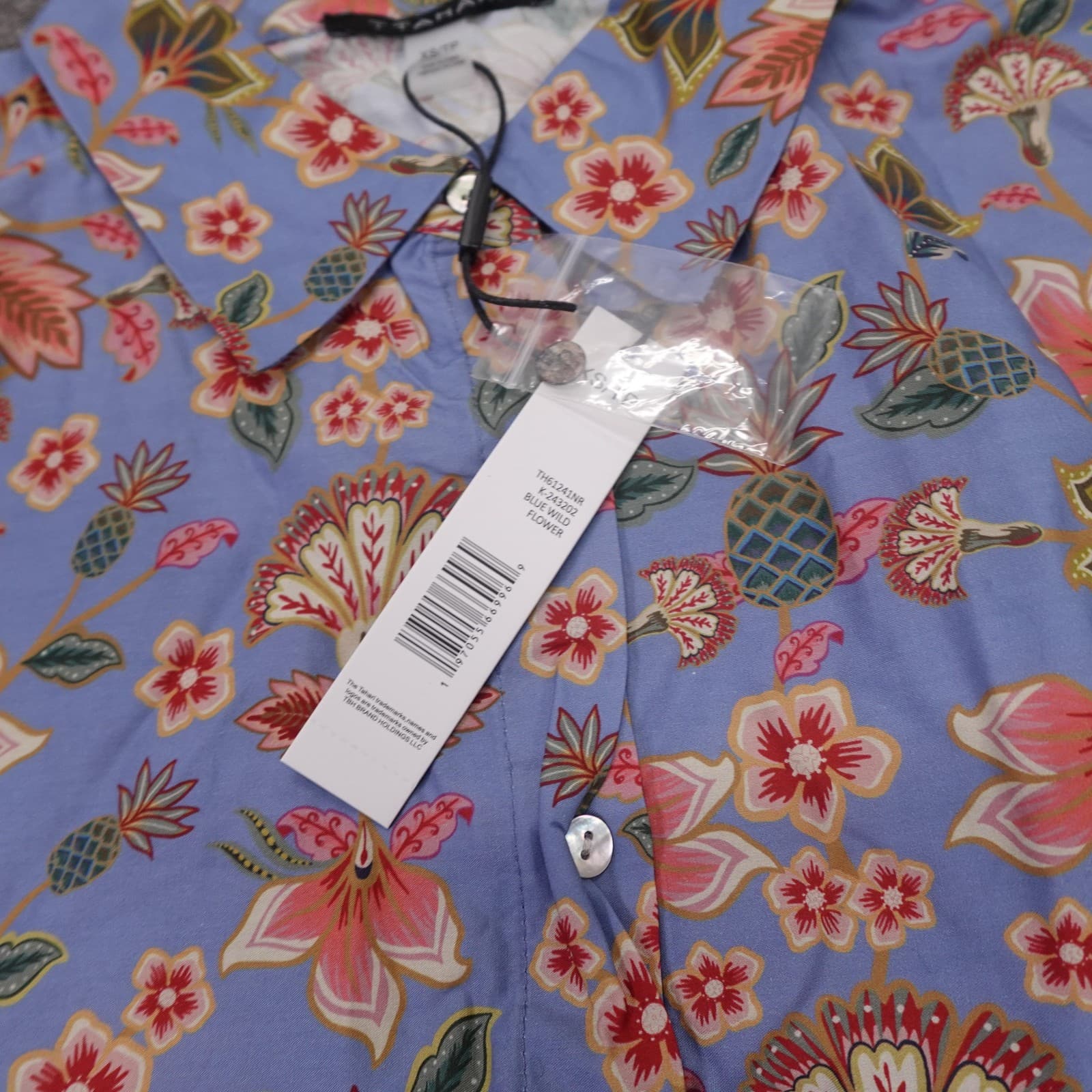 Tahari Shirt Womens XS Blue Floral Button Up Tie Front Cropped Top Short Sleeve - Thumbnail 4