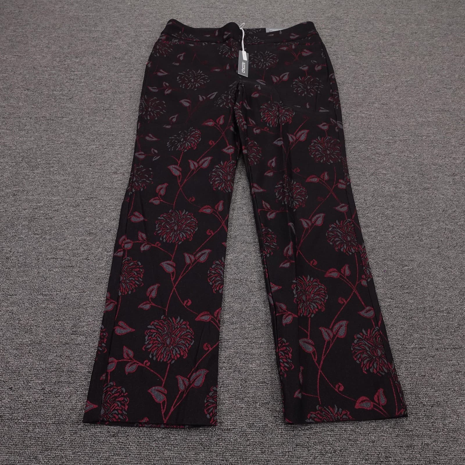 Chicos Pants Womens 10 Petite Black Floral Ponte So Slimming Brigitte Slim Leg