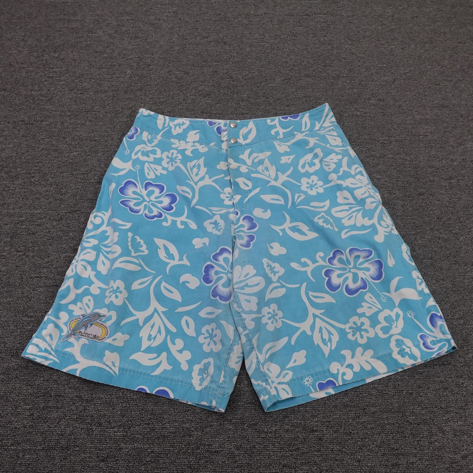 Vintage Pacific Line Swim Shorts Mens 32 Blue Floral Hawaiian Surf Board Trunks