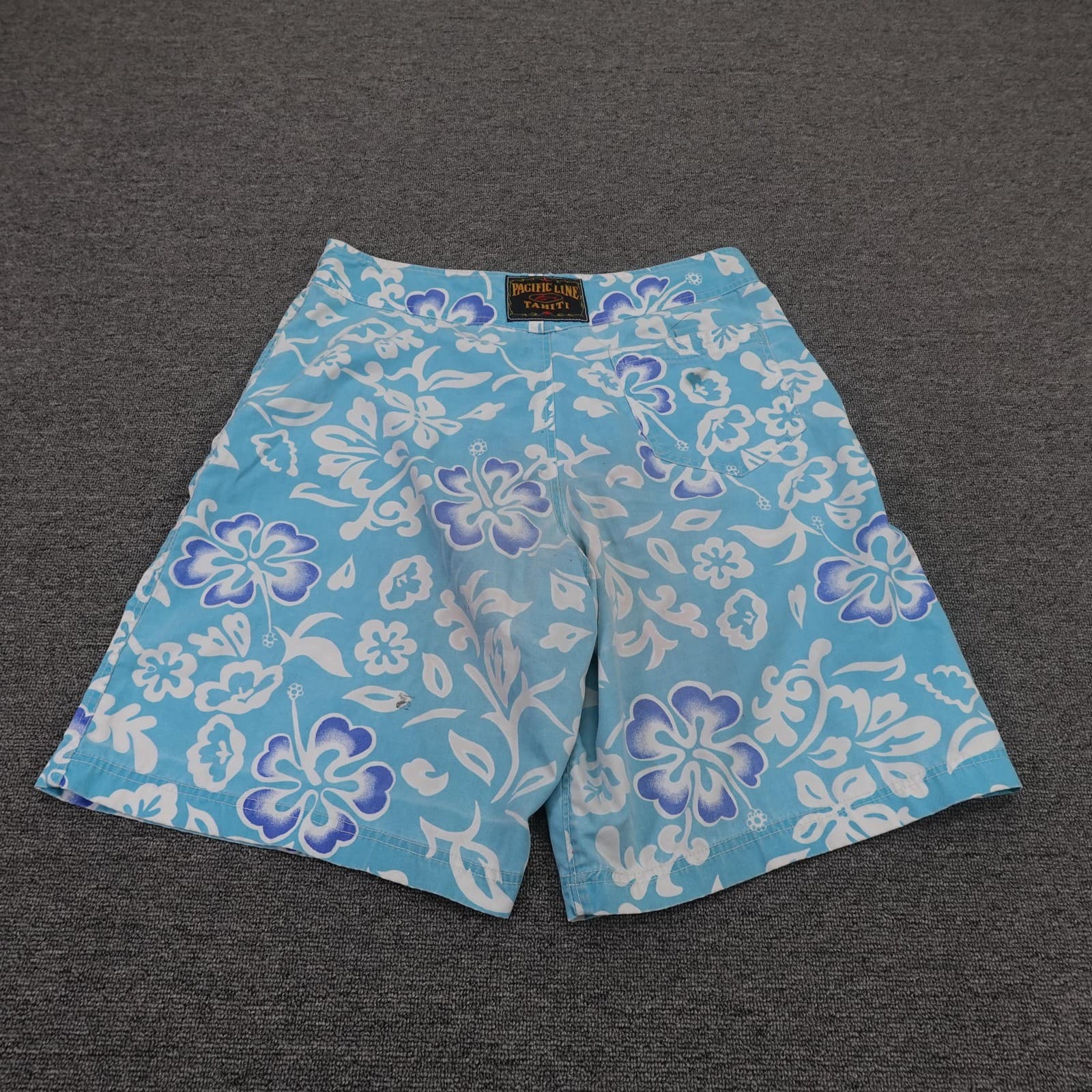 Vintage Pacific Line Swim Shorts Mens 32 Blue Floral Hawaiian Surf Board Trunks - Thumbnail 9