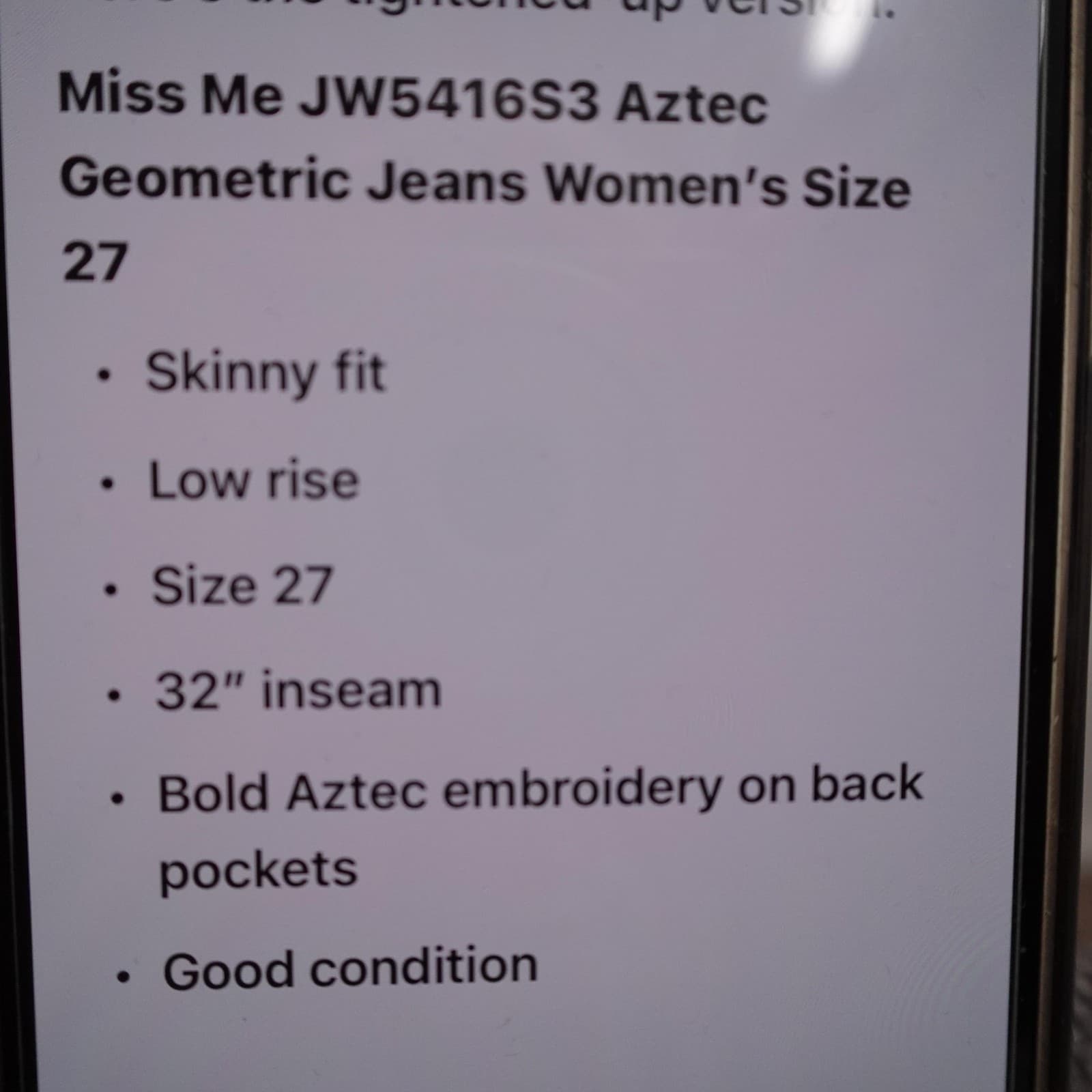 Miss Me Jeans Womens 27 Blue Skinny Low Rise Aztec Embroidered Denim JW5416S3 - Thumbnail 10