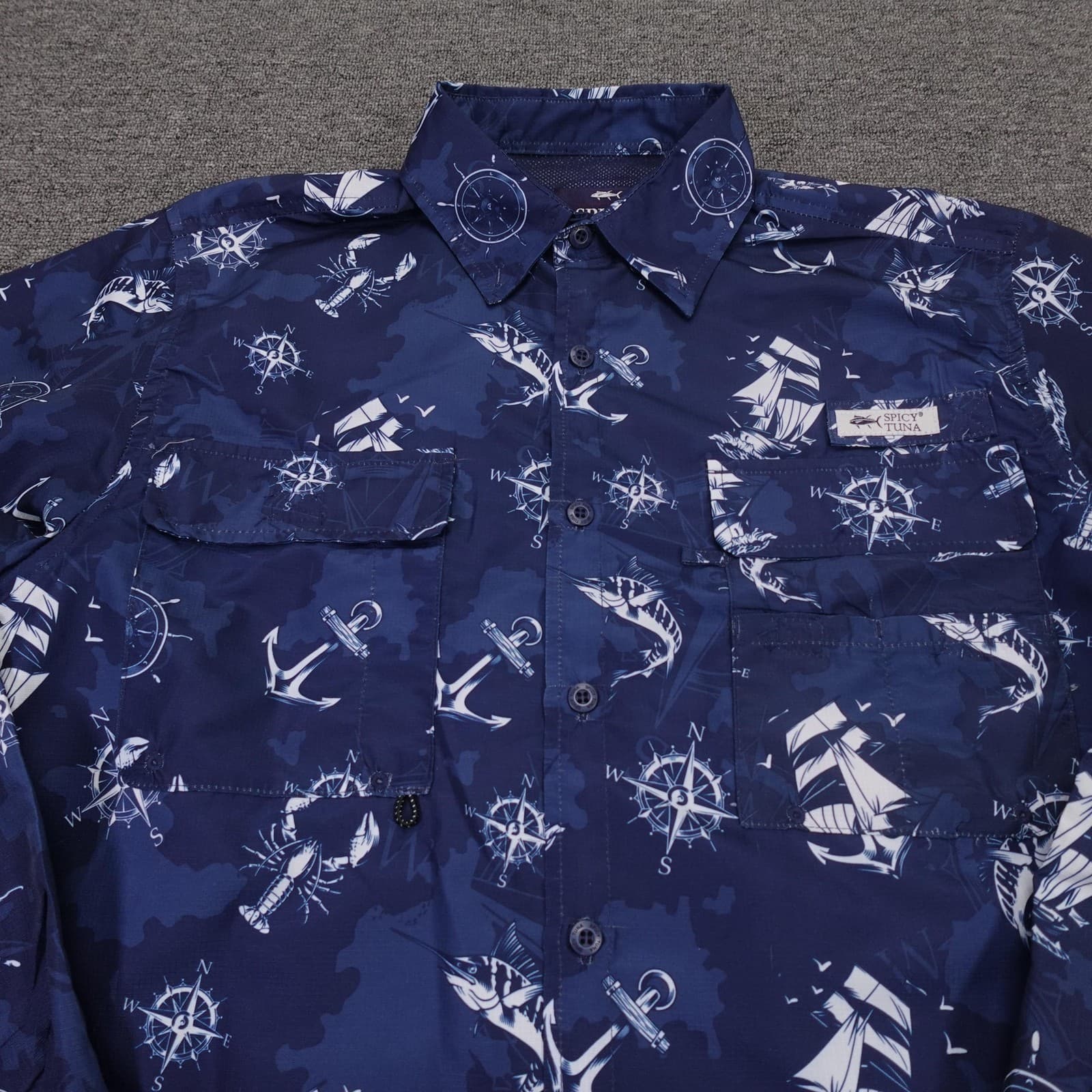 Spicy Tuna Shirt Mens Medium Blue Nautical Print Long Sleeve Button Up Fishing - Thumbnail 2