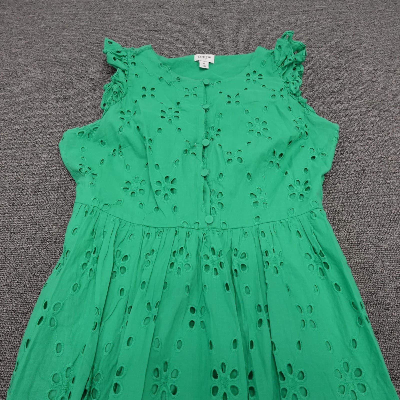 J.Crew Dress Womens 4 Green Eyelet Floral Ruffle Sleeve Midi Lined Sundress - Thumbnail 2