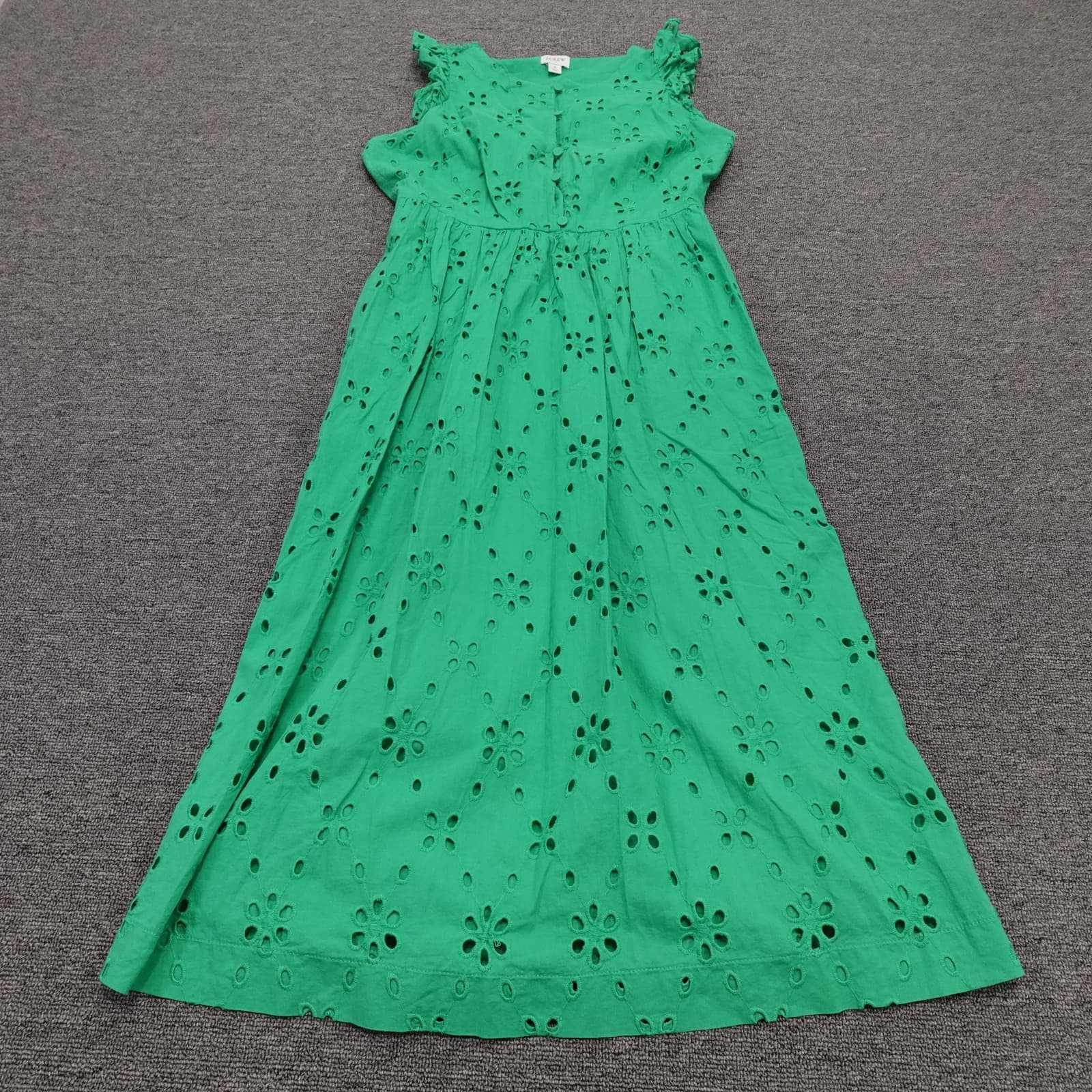 J.Crew Dress Womens 4 Green Eyelet Floral Ruffle Sleeve Midi Lined Sundress