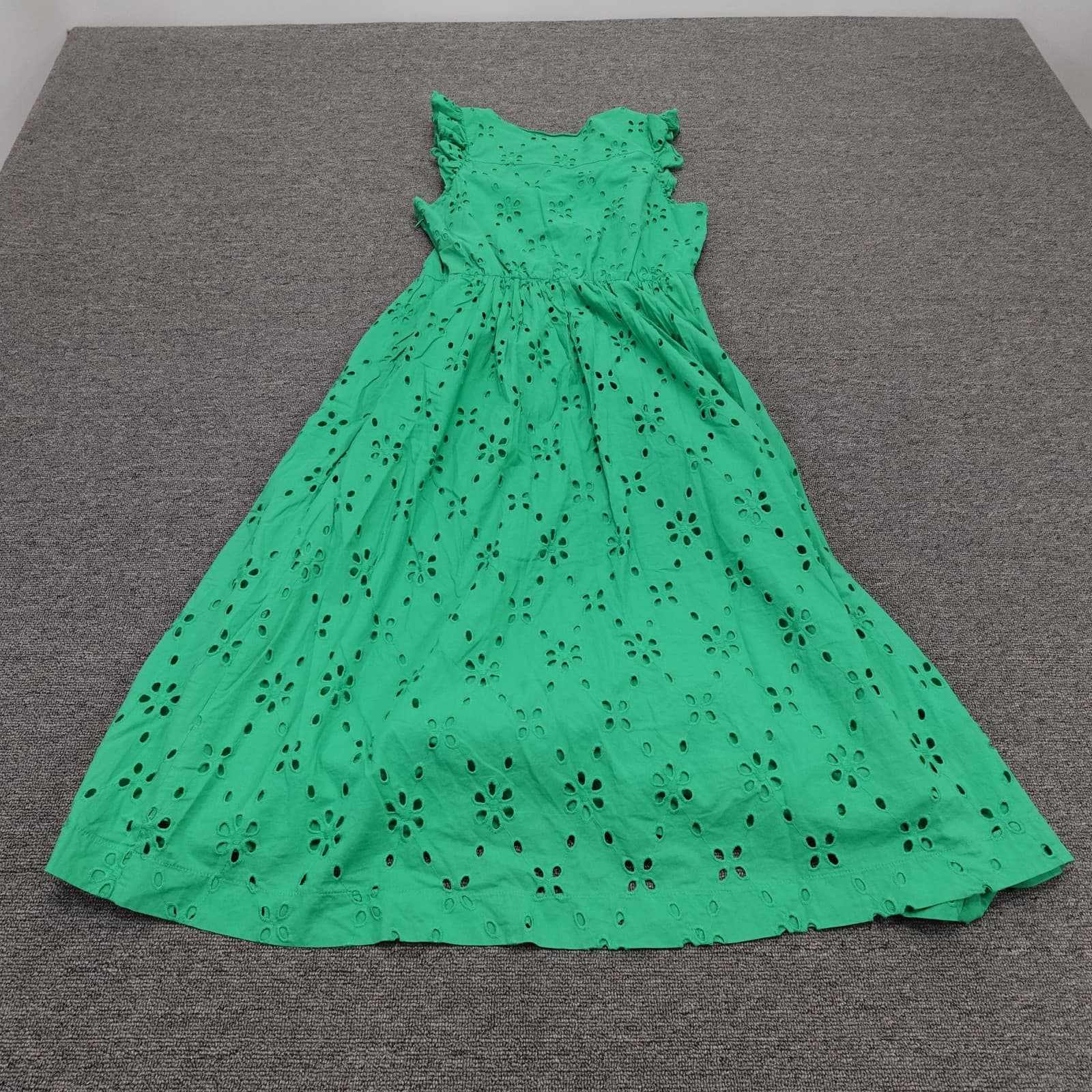 J.Crew Dress Womens 4 Green Eyelet Floral Ruffle Sleeve Midi Lined Sundress - Thumbnail 7