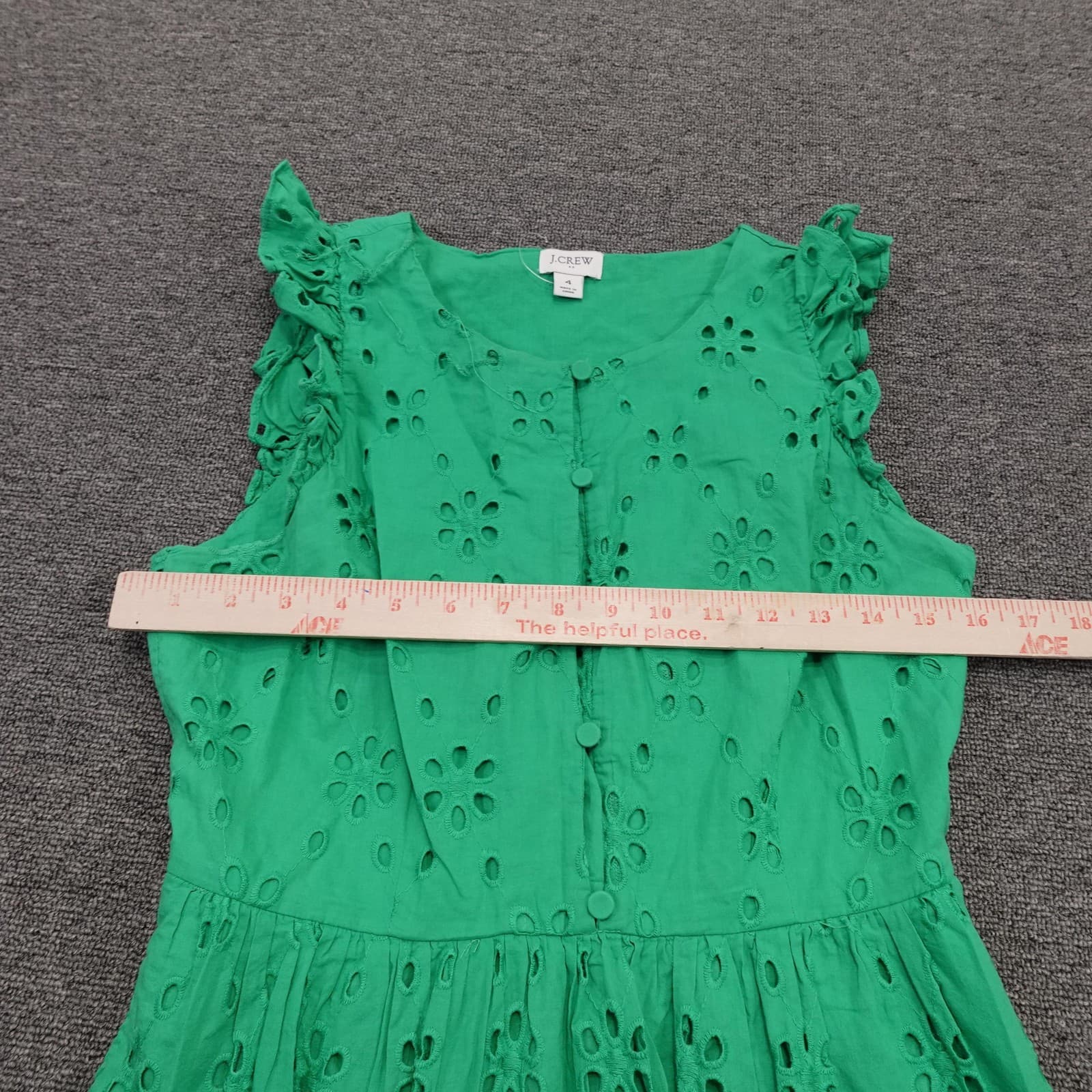 J.Crew Dress Womens 4 Green Eyelet Floral Ruffle Sleeve Midi Lined Sundress - Thumbnail 4