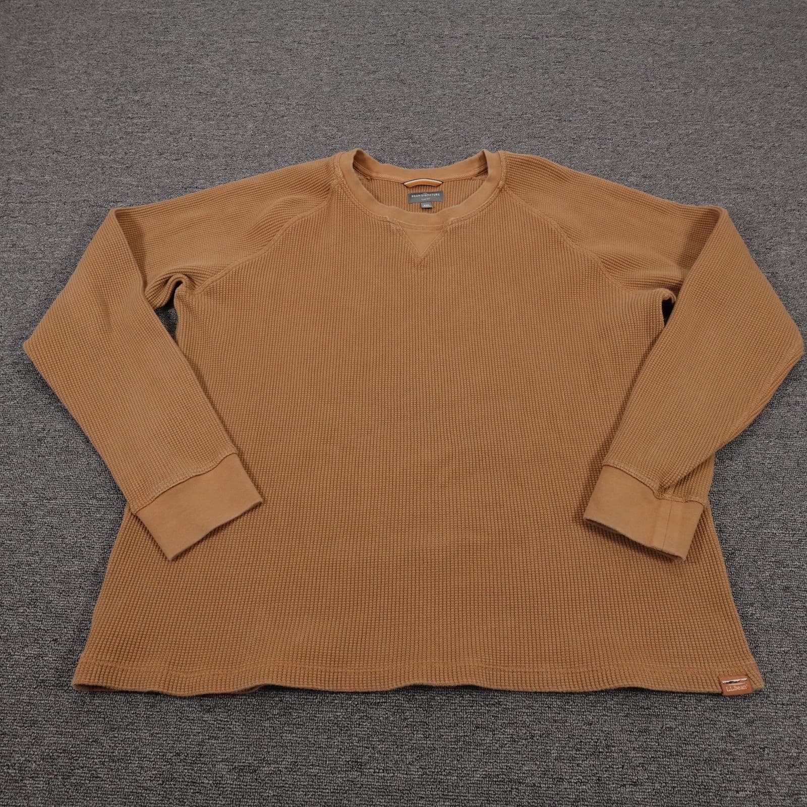 LL Bean Sweater Mens 2XL Brown Waffle Knit Crewneck Heavyweight Cotton Thermal