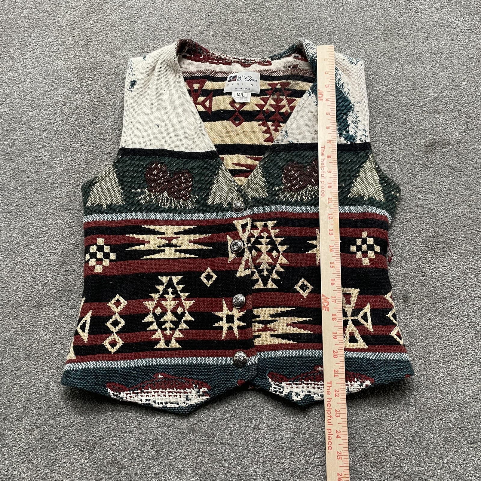 VINTAGE E. Clair Designs Vest Medium Southwestern Aztec Tapestry Concho 90s - Thumbnail 7